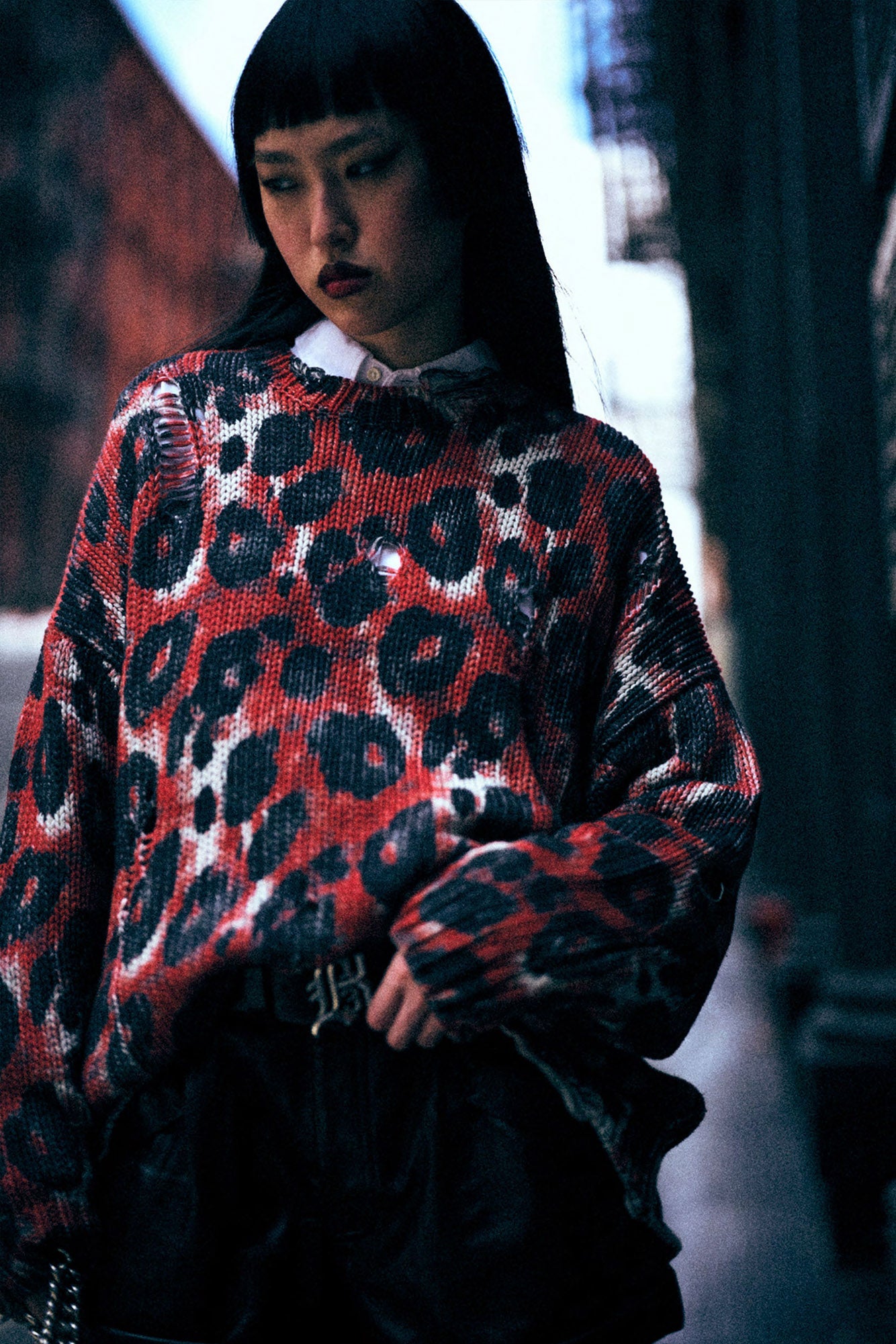 PRINTED OVERSIZED SWEATER - RED BLACK LEOPARD