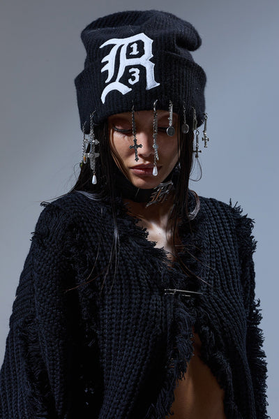 R13 CASHMERE BEANIE W/CHAINS - BLACK