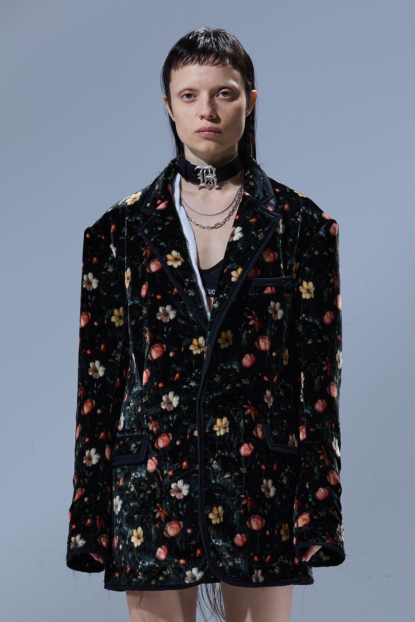 RAGGED BLAZER WITH CHIFFON TRIM - MULTIFLORAL BLACK - R13