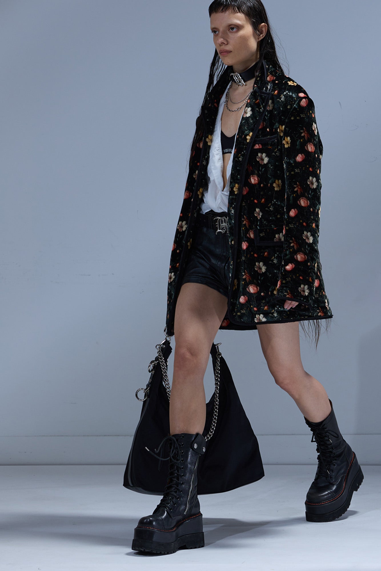 RAGGED BLAZER WITH CHIFFON TRIM - MULTIFLORAL BLACK - R13