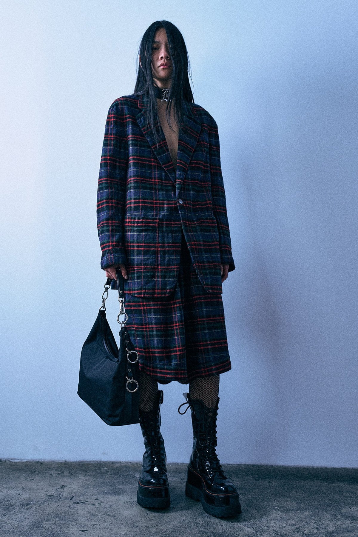 Ragged Blazer With Piping - Navy Green Red Plaid - R13