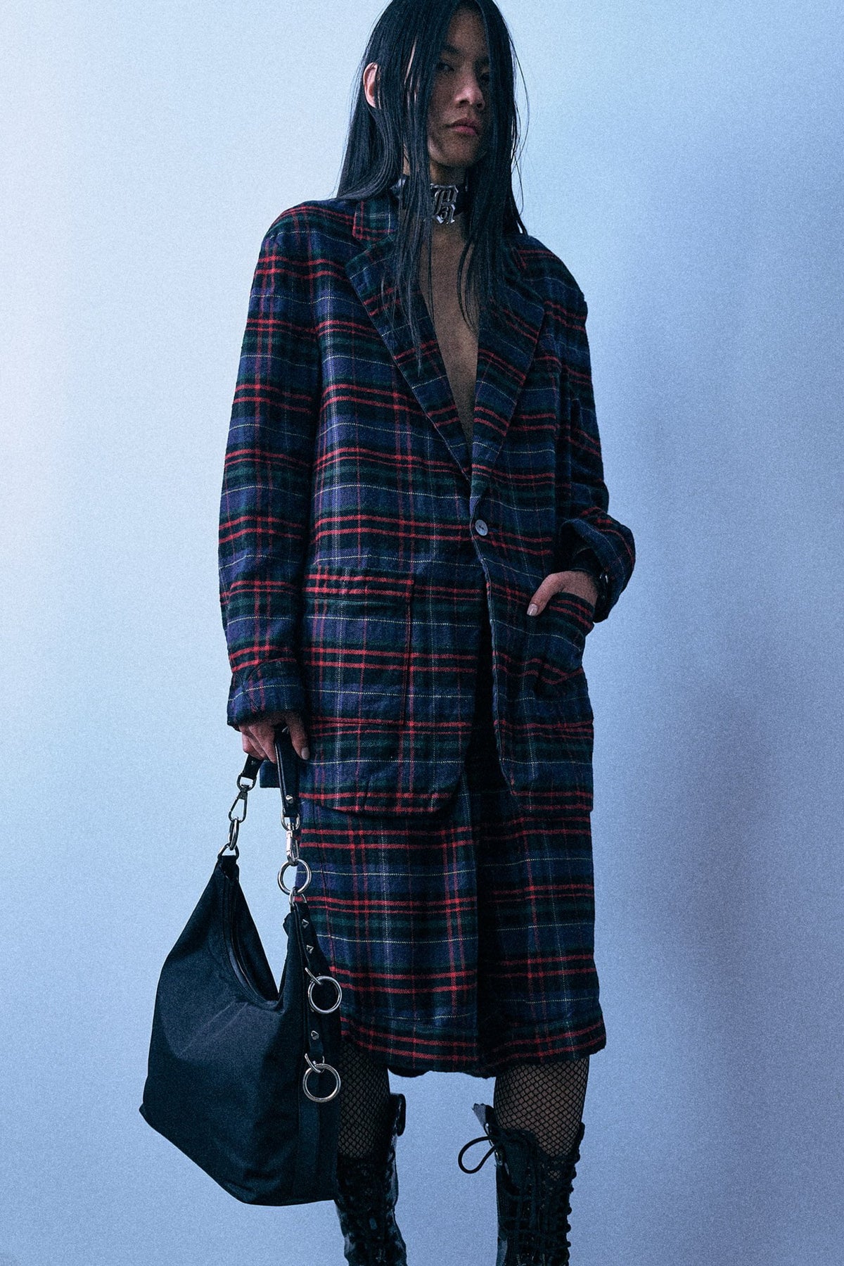 Ragged Blazer With Piping - Navy Green Red Plaid - R13