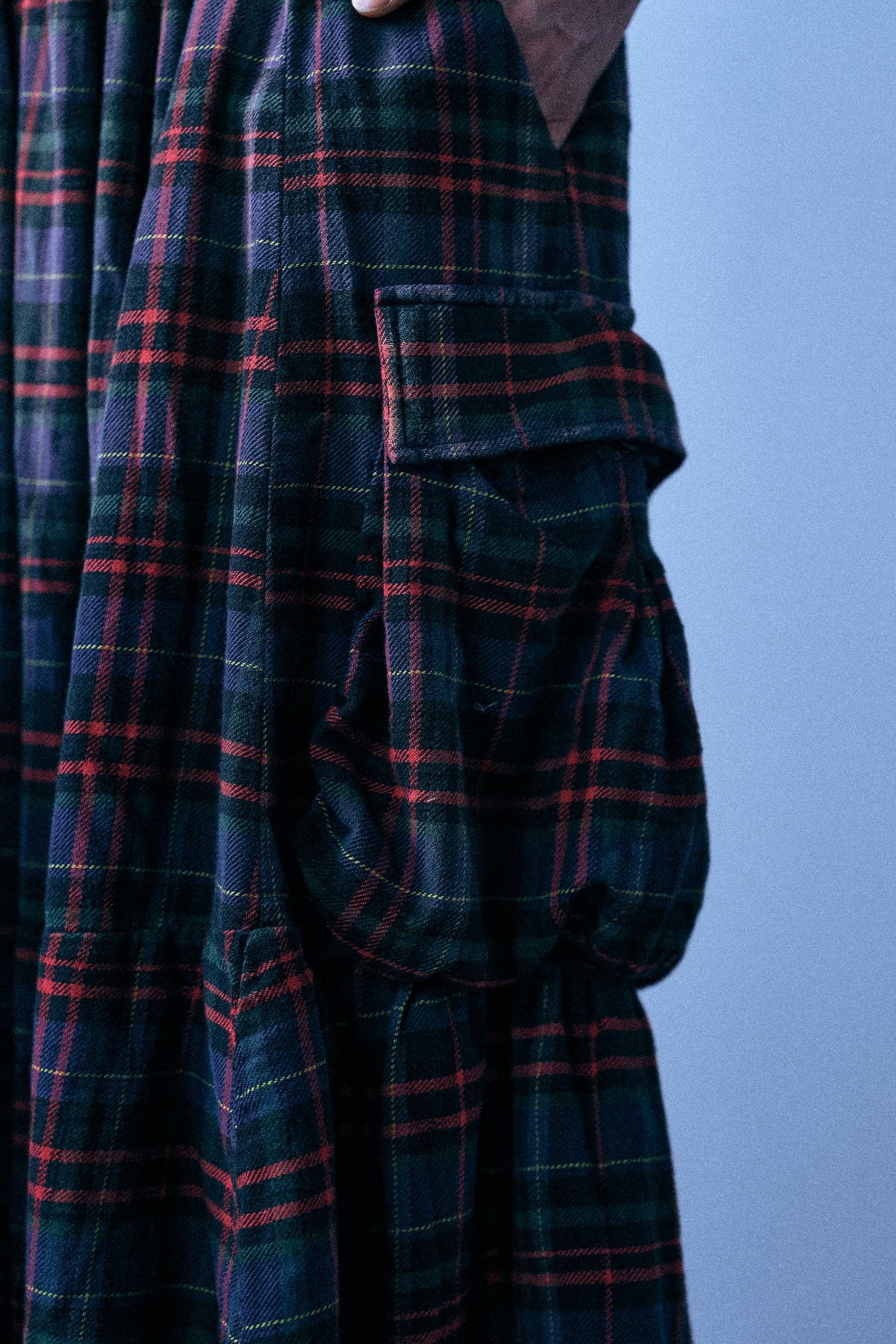Raw Hem Gathered Cargo Skirt - Navy Green Plaid - R13