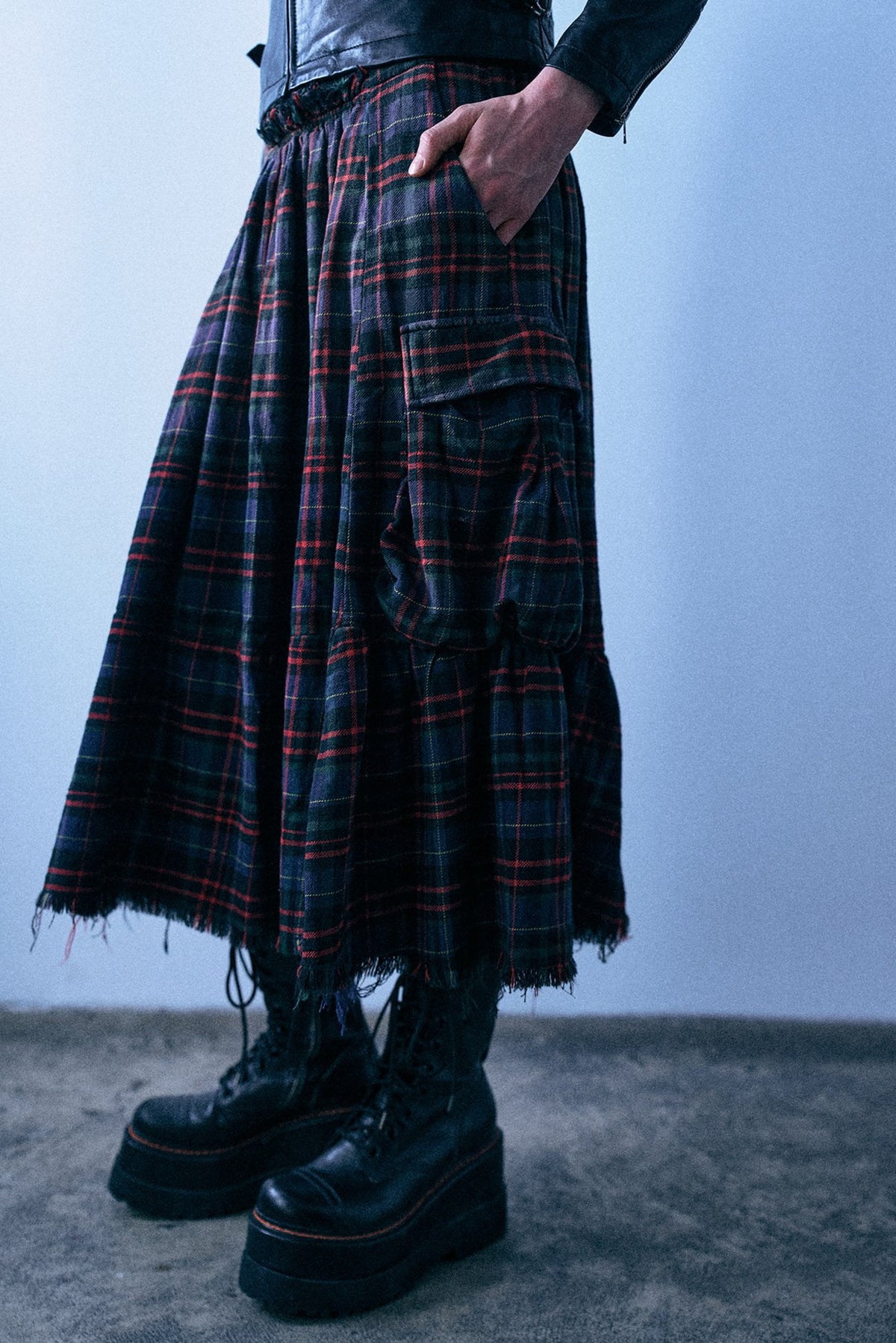 Raw Hem Gathered Cargo Skirt - Navy Green Plaid - R13