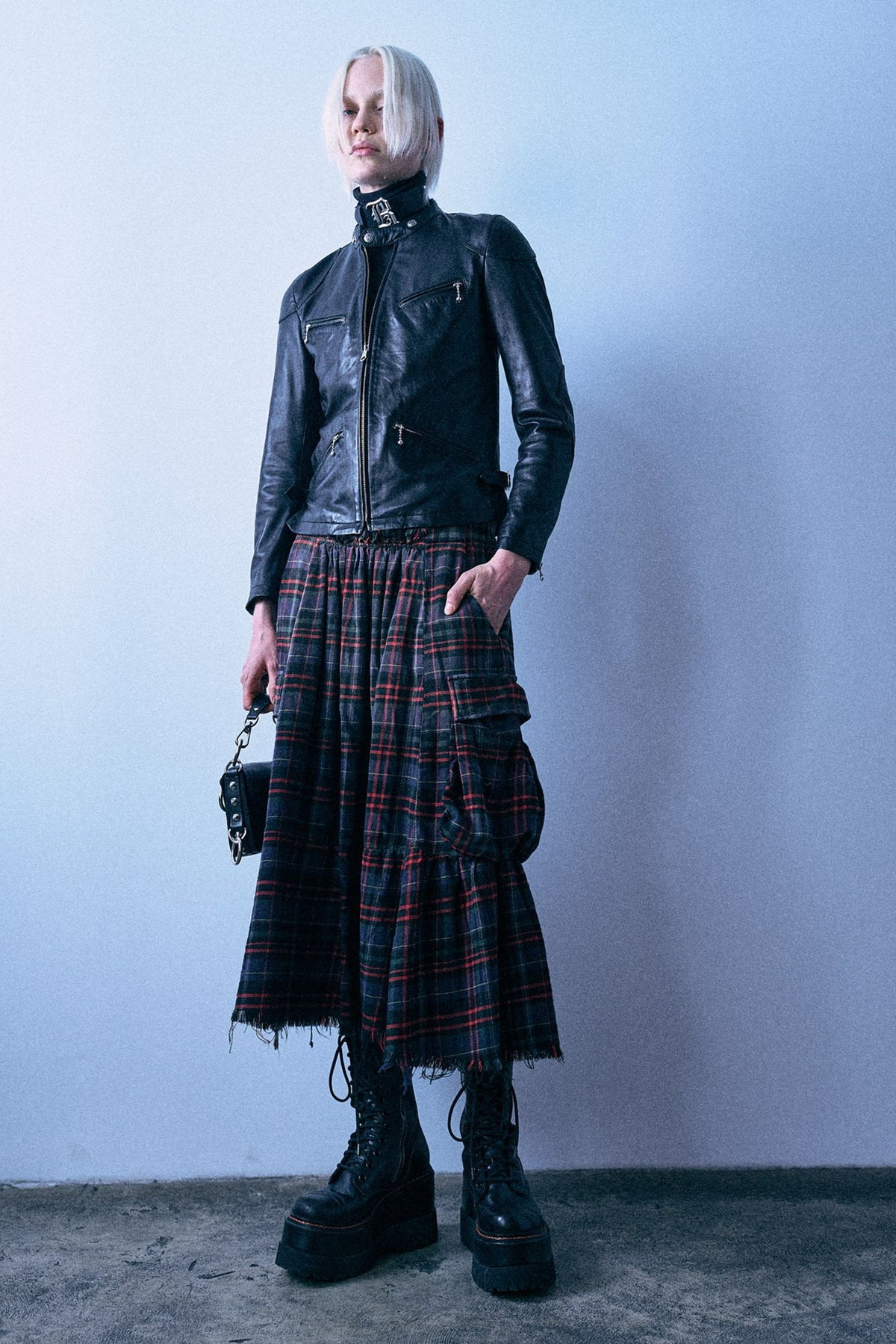 Raw Hem Gathered Cargo Skirt - Navy Green Plaid - R13