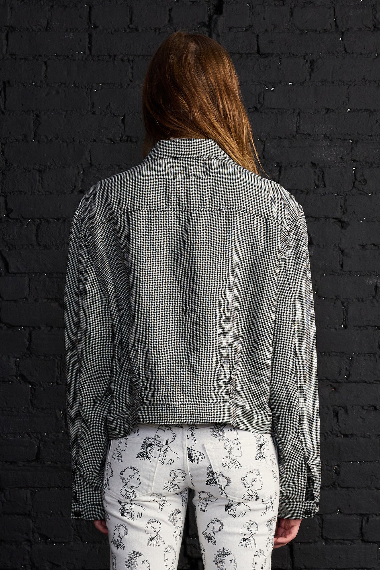 Relaxed Pleated Trucker Jacket - Black And White Houndstooth - R13