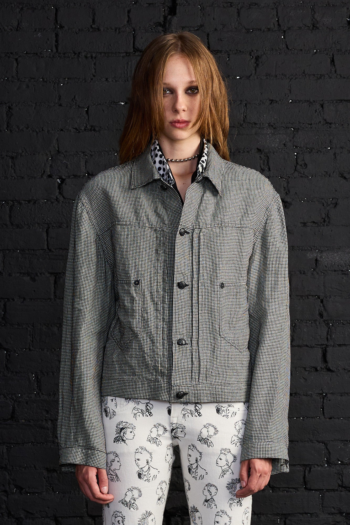 Relaxed Pleated Trucker Jacket - Black And White Houndstooth - R13