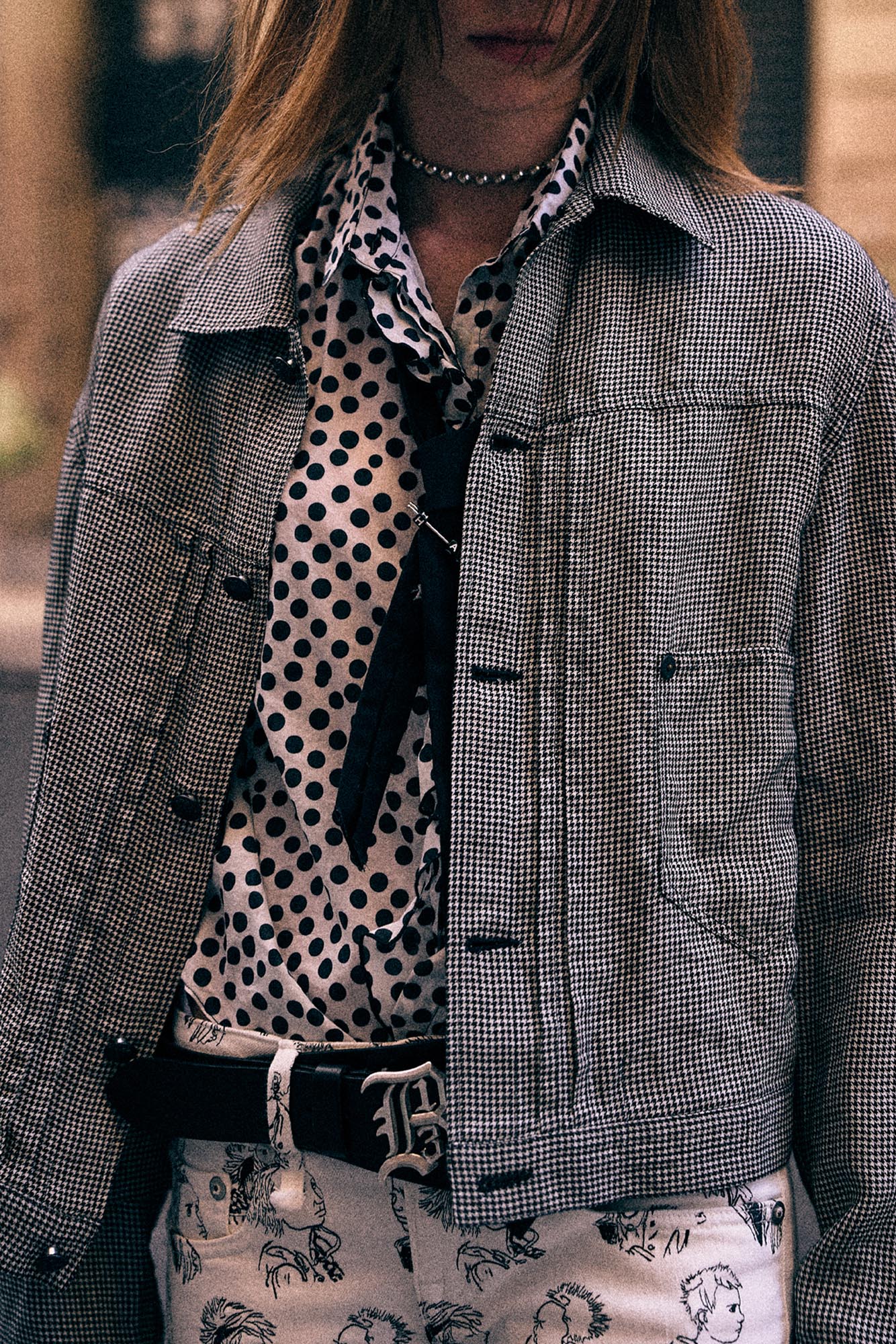 Relaxed Pleated Trucker Jacket - Black And White Houndstooth - R13