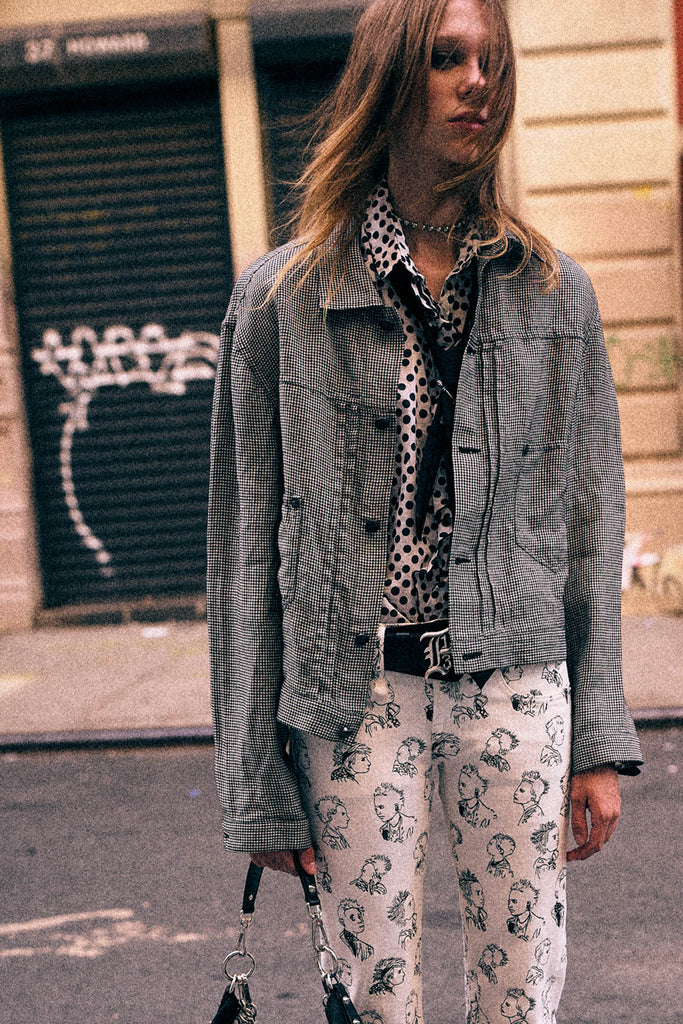 Relaxed Pleated Trucker Jacket - Black And White Houndstooth