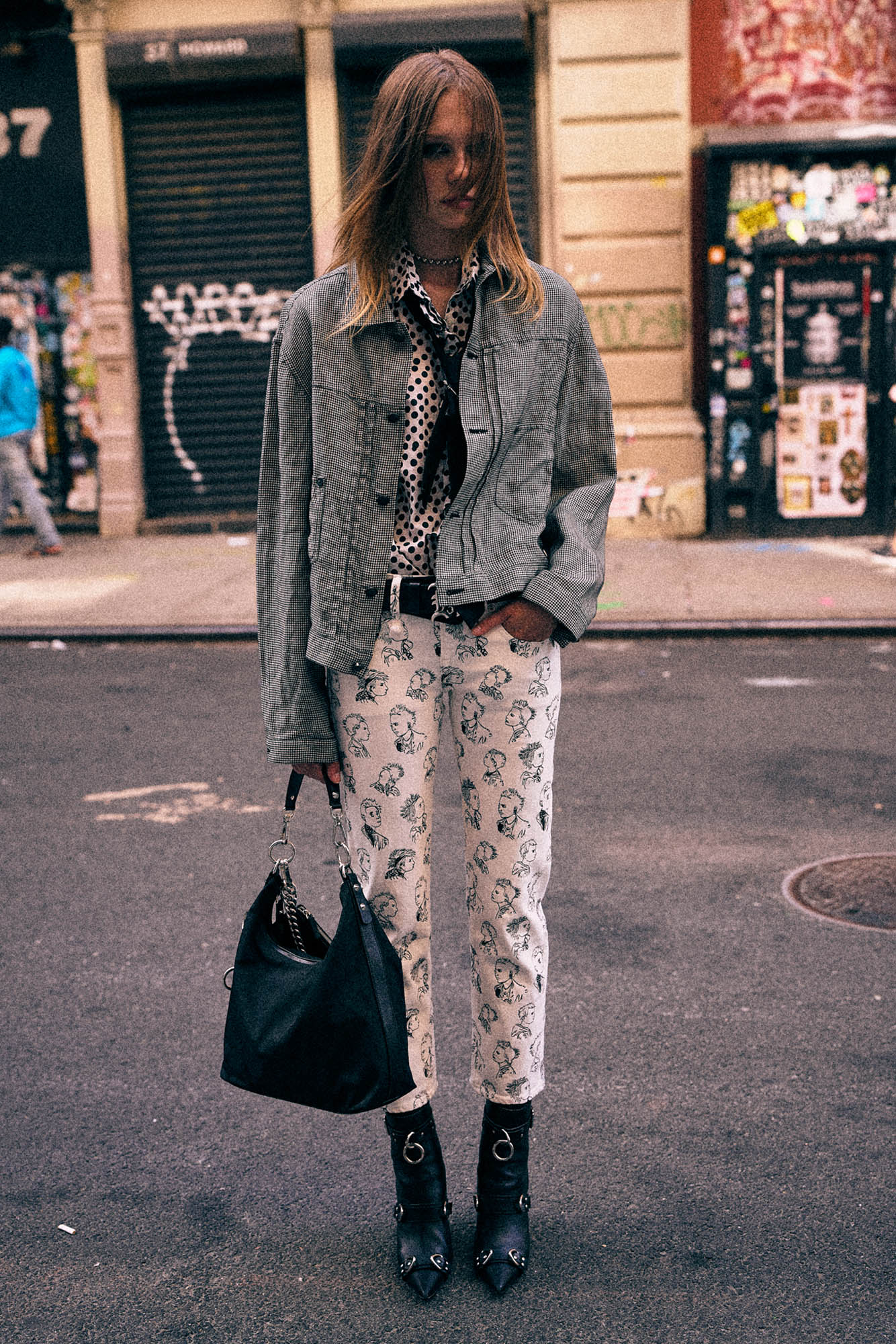 Relaxed Pleated Trucker Jacket - Black And White Houndstooth - R13