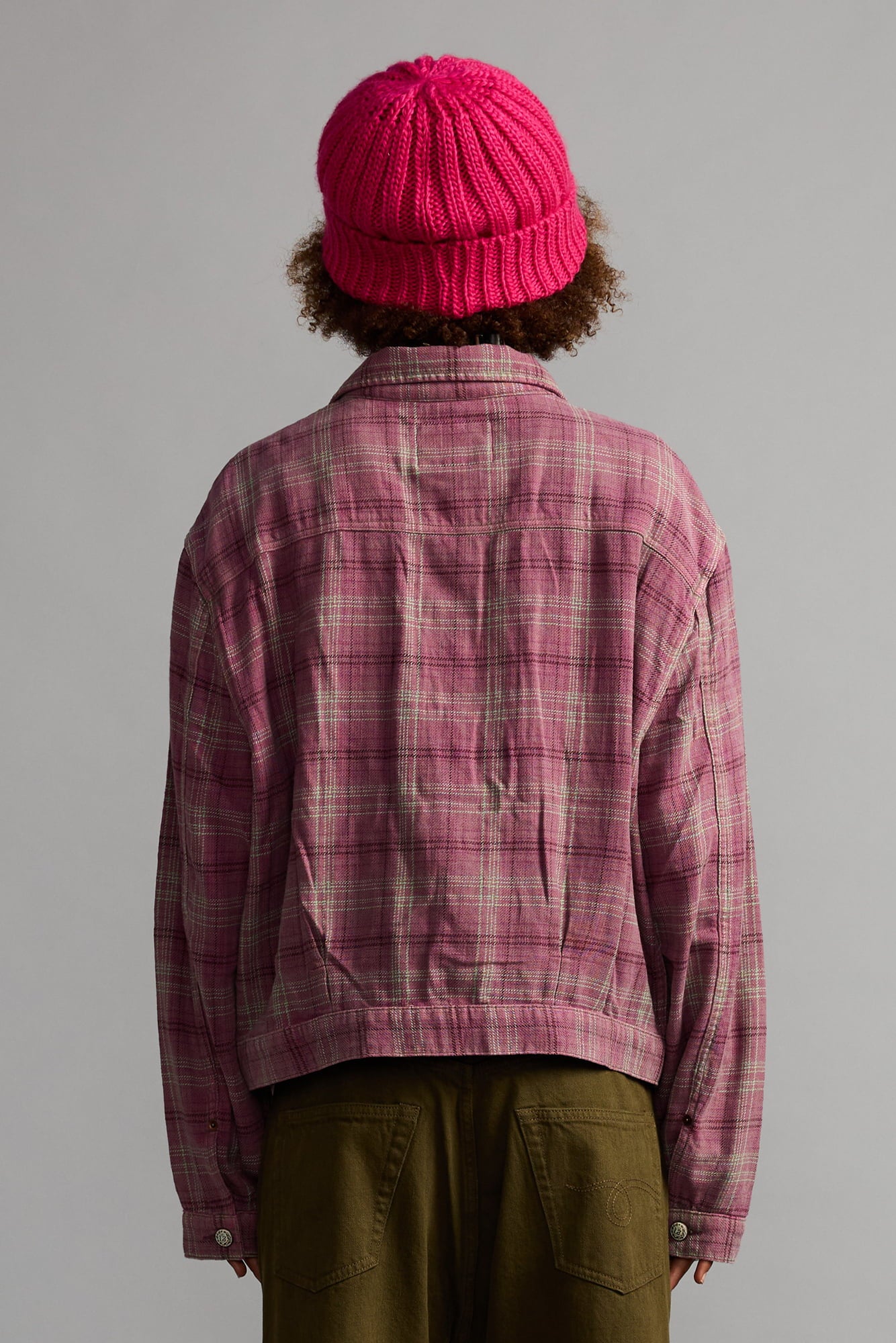 Relaxed Pleated Trucker Jacket - Muted Pink Plaid - R13