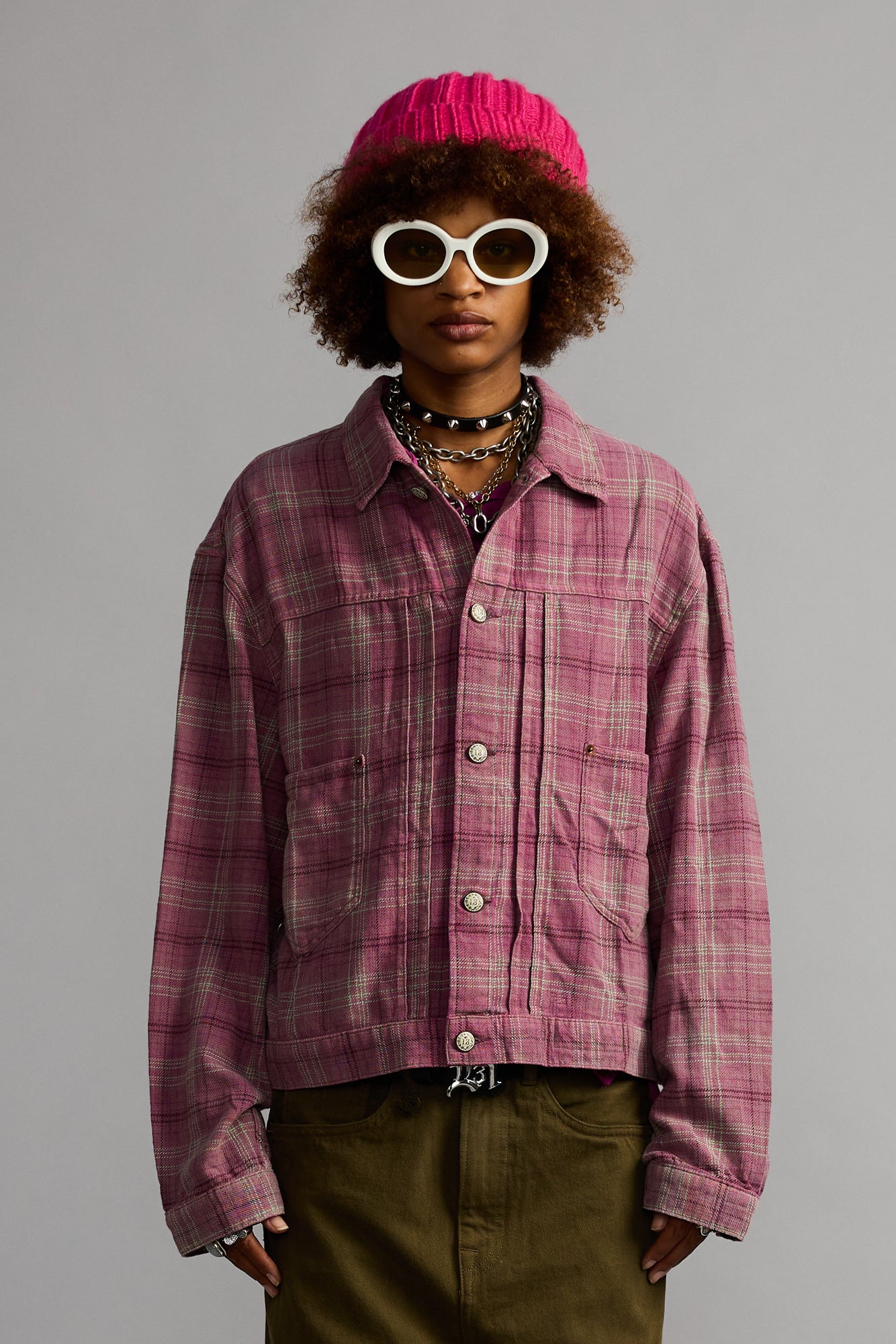Relaxed Pleated Trucker Jacket - Muted Pink Plaid - R13
