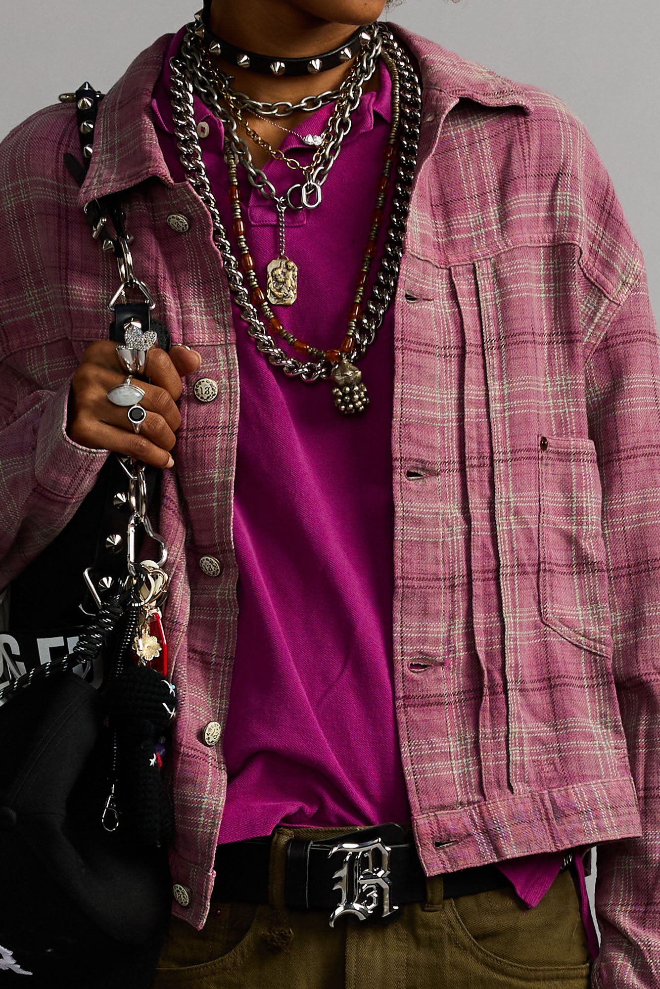Relaxed Pleated Trucker Jacket - Muted Pink Plaid - R13
