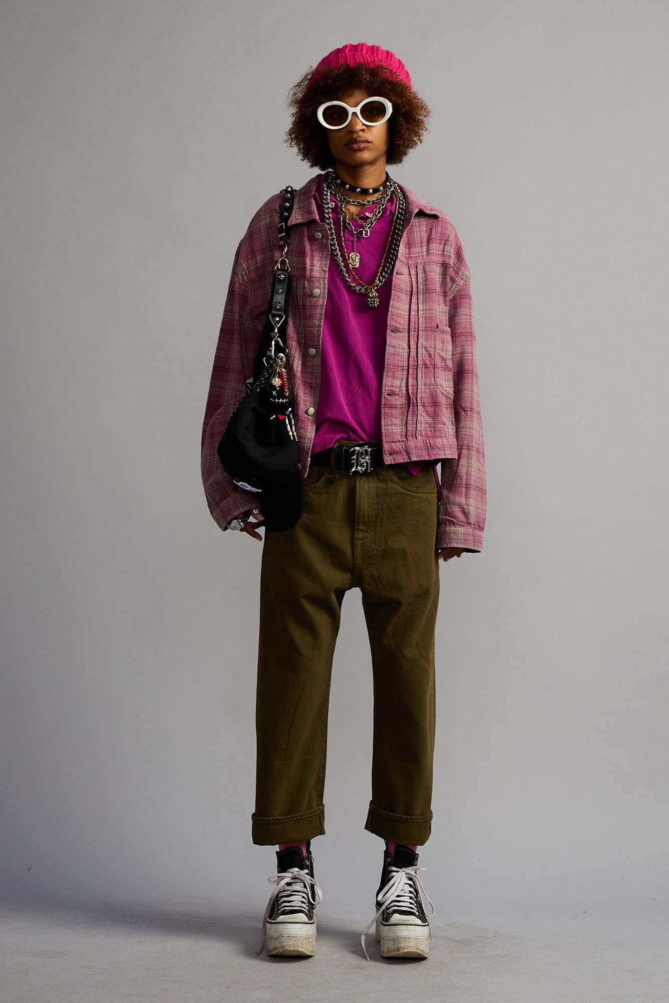 Relaxed Pleated Trucker Jacket - Muted Pink Plaid - R13