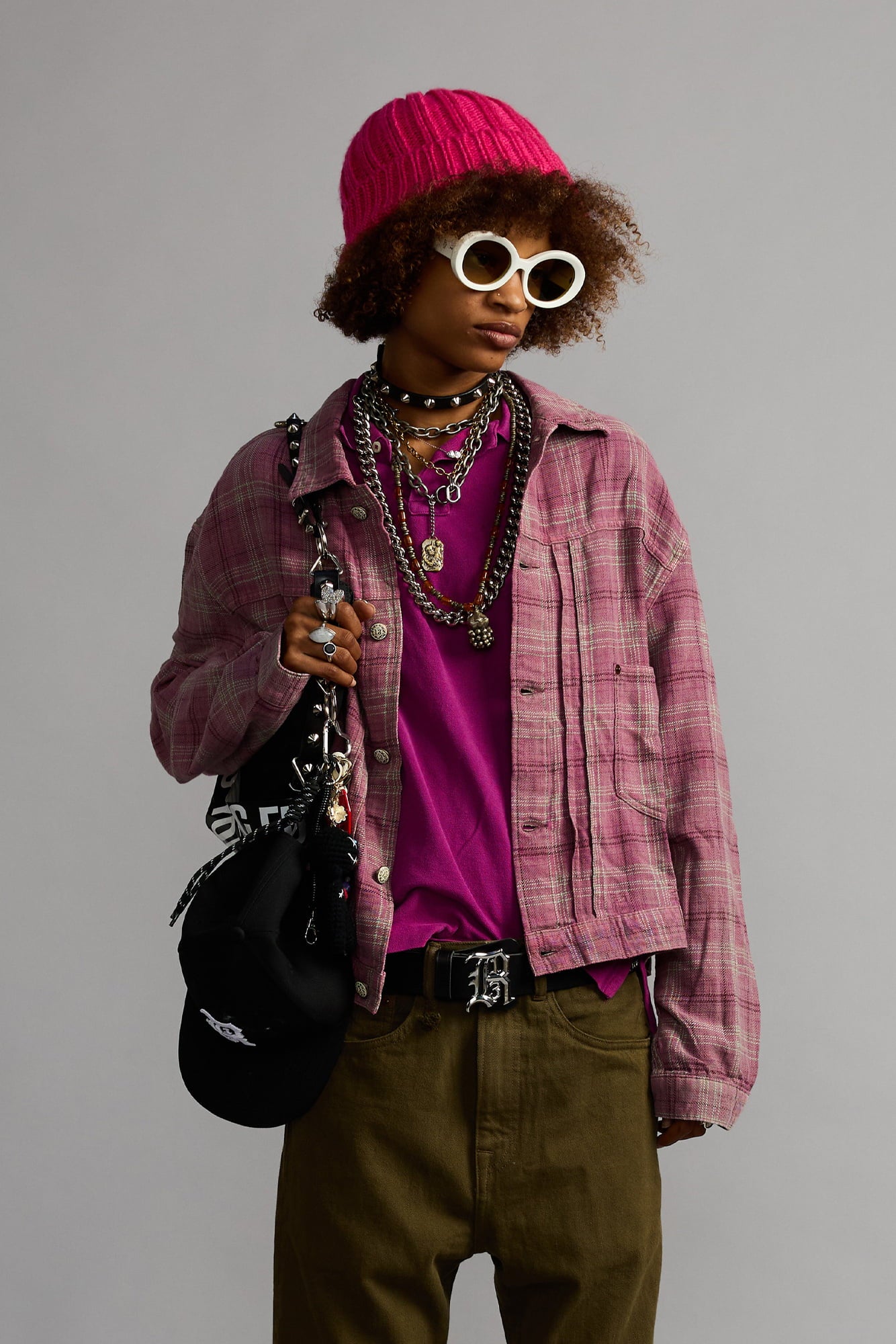 Relaxed Pleated Trucker Jacket - Muted Pink Plaid - R13