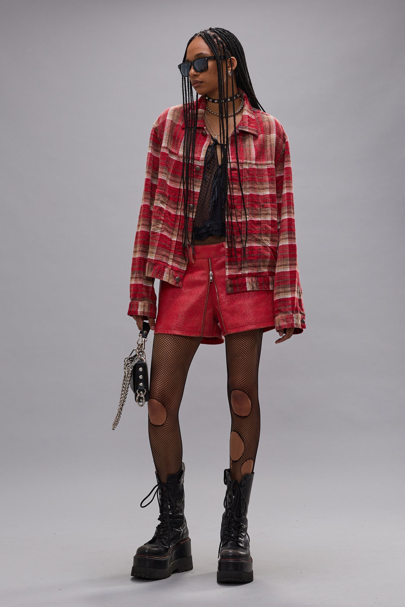 Relaxed Pleated Trucker Jacket - Red Plaid - R13
