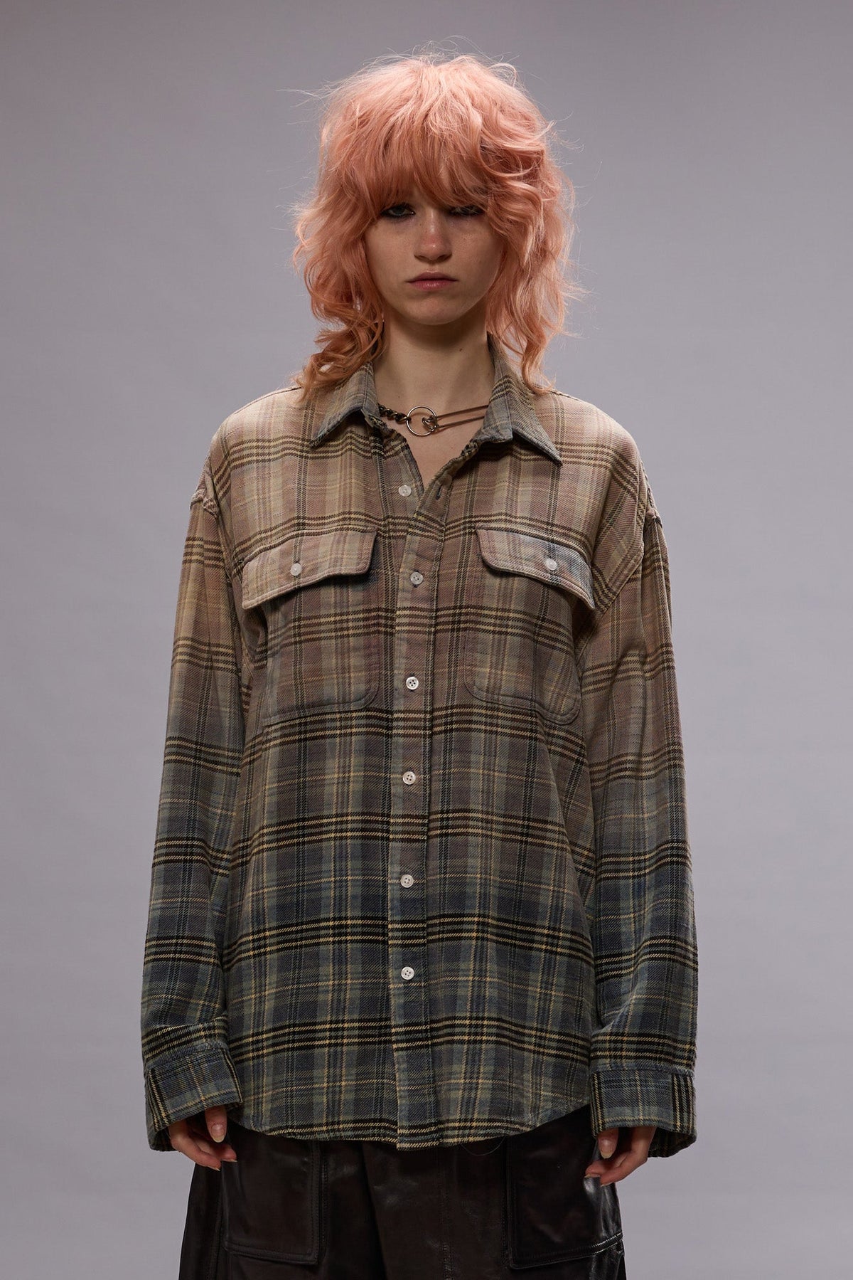 DROP NECK WORKSHIRT / BLEACHED ORG GRN PLAID