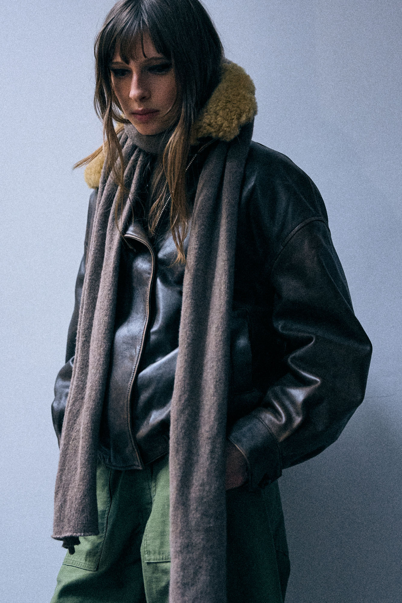 Removable Collar Leather Bomber - Brown - R13