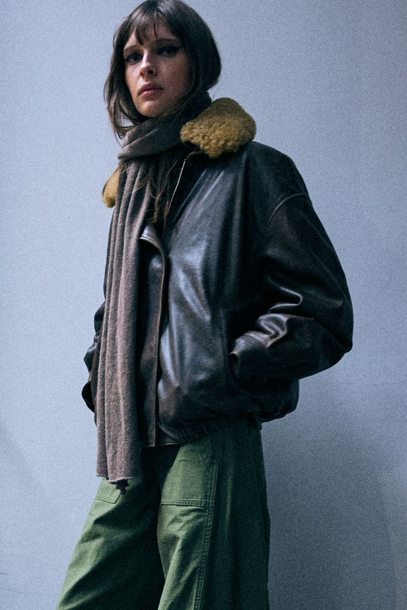 Removable Collar Leather Bomber - Brown - R13