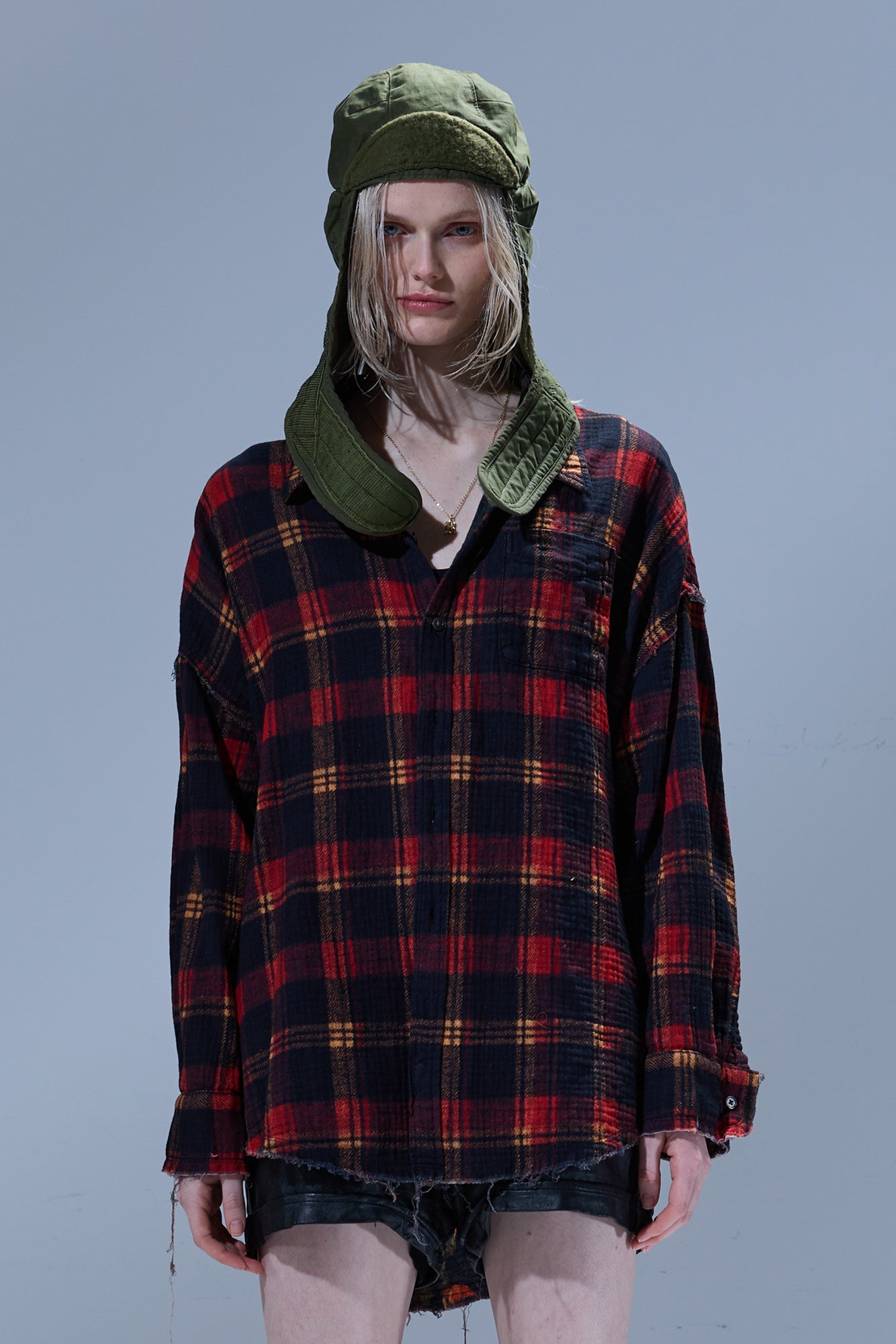 REVERSIBLE DROP NECK SHIRT - RED PLAID WITH LEAF CAMO - R13