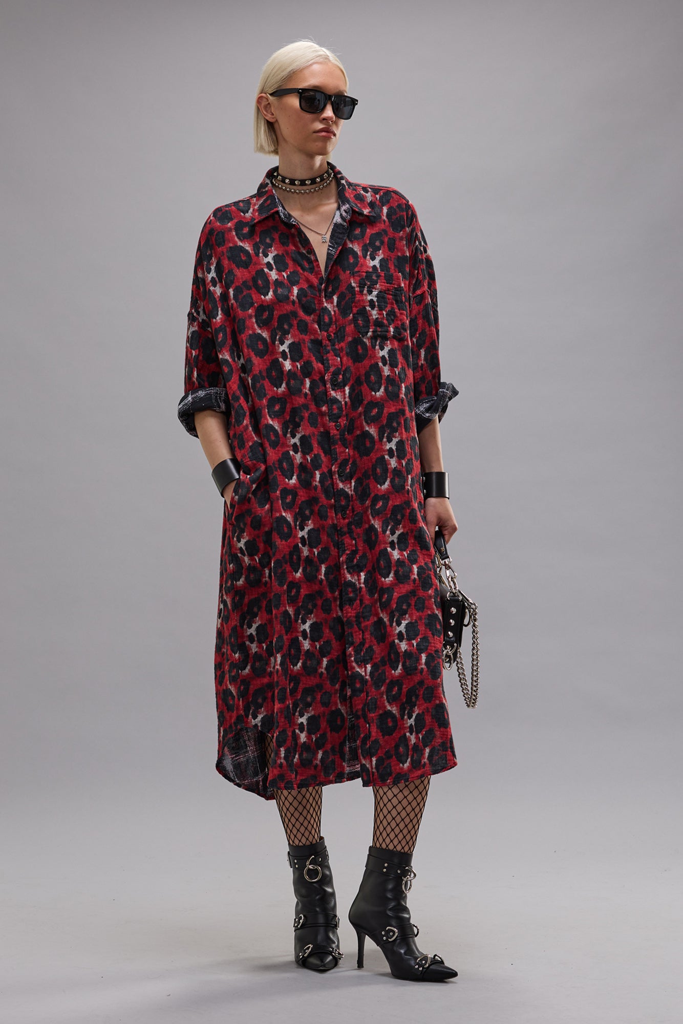 REVERSIBLE JUMBO SHIRTDRESS - BLACK ECRU PLAID WITH RED LEOPARD - R13
