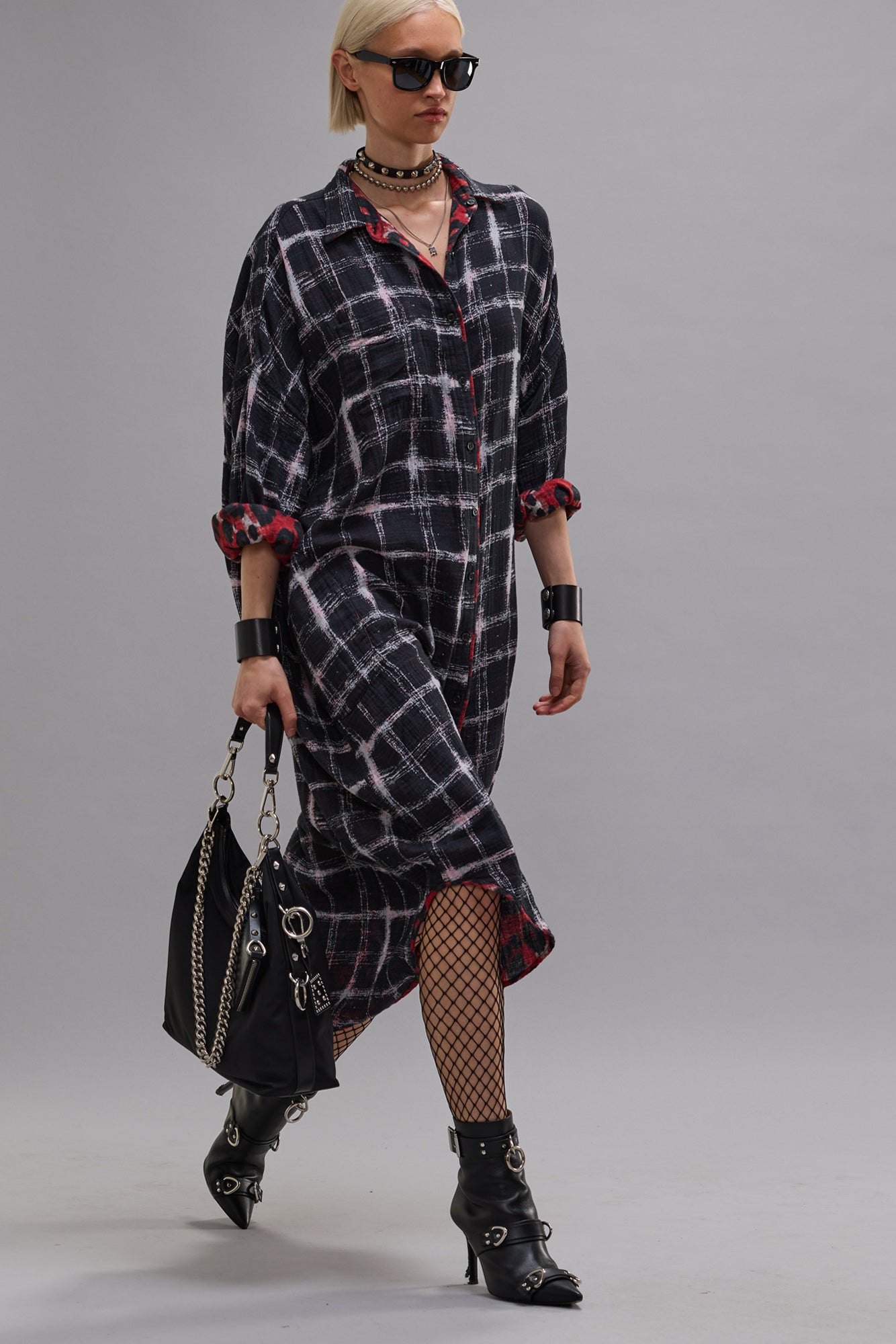 REVERSIBLE JUMBO SHIRTDRESS - BLACK ECRU PLAID WITH RED LEOPARD - R13