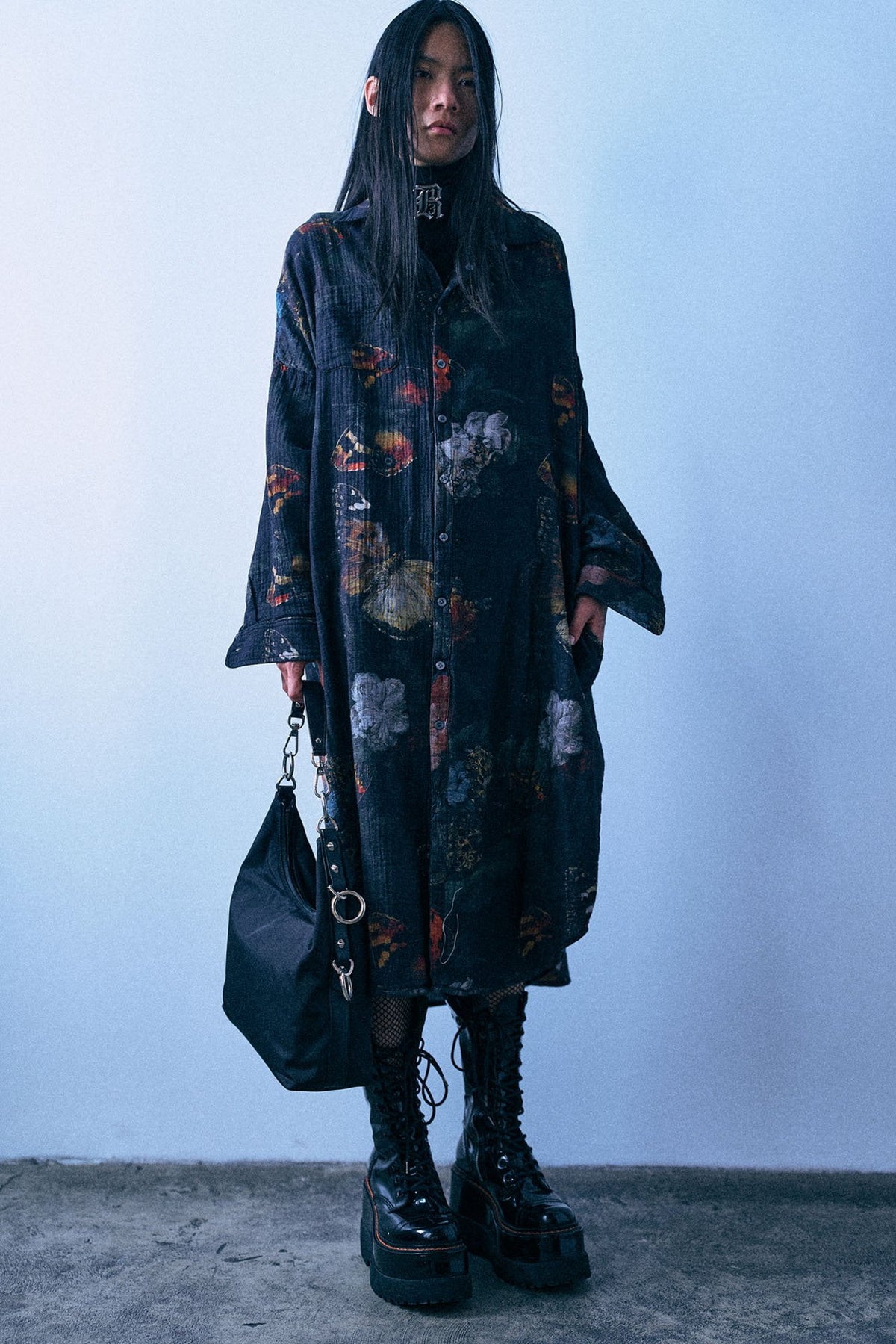 Reversible Jumbo Shirtdress - Black Multicolor Butterflies With Plaid - R13