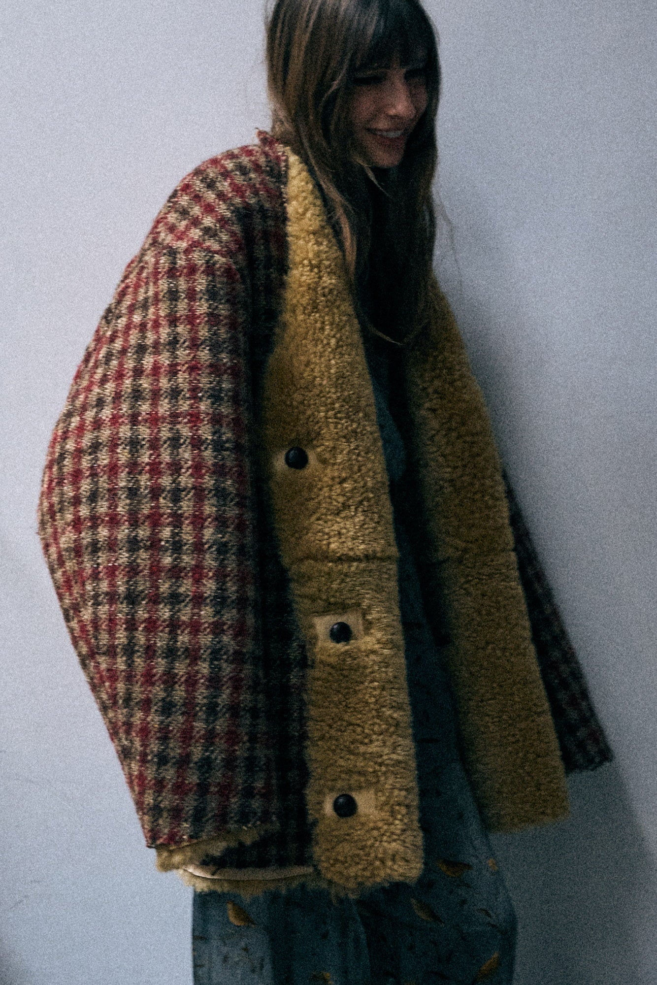 Reversible Oversized Raw Edge Woven Cardigan Jacket - Khaki Red Check - R13