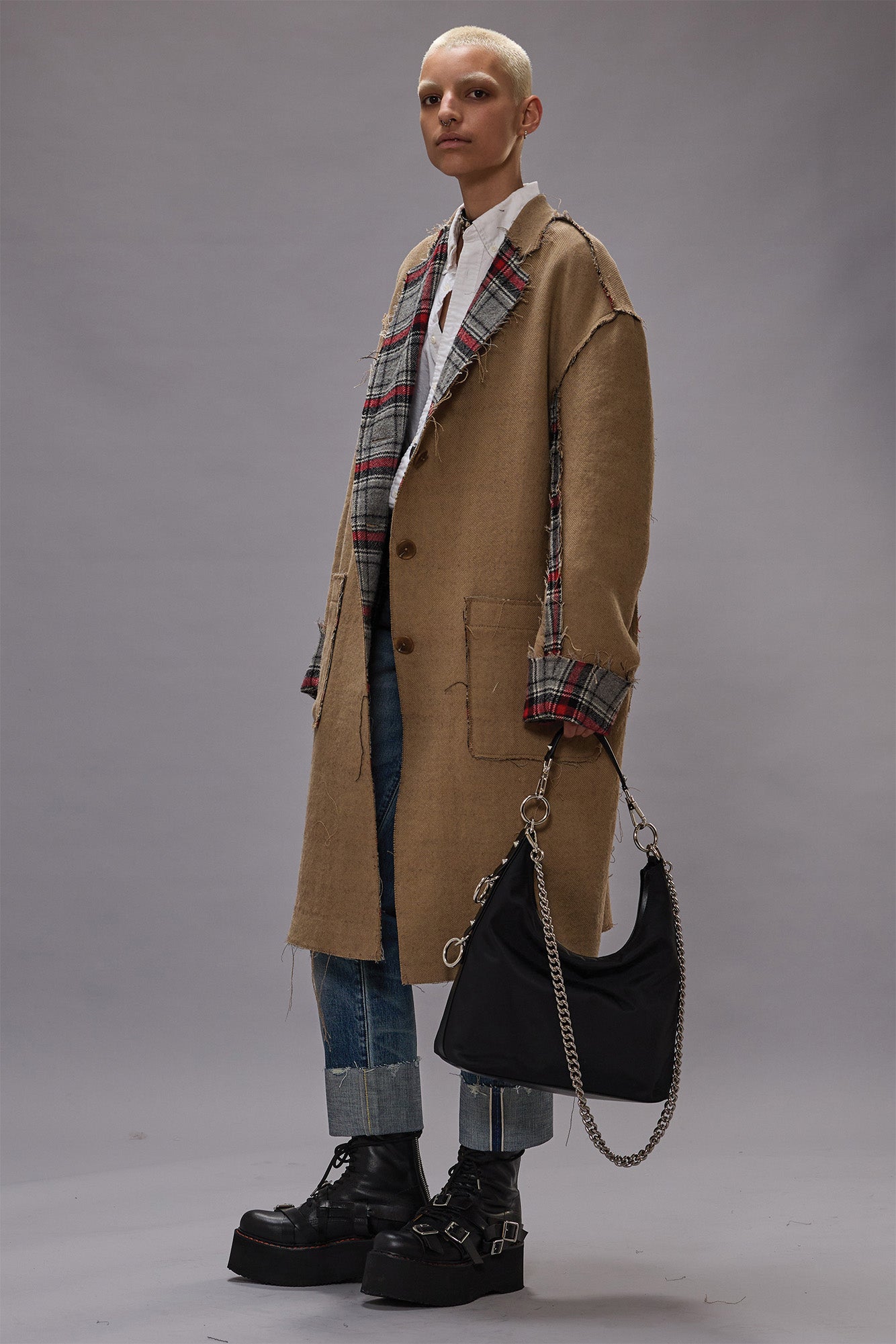 REVERSIBLE RAW CUT COAT - RED/GREY PLAID - R13