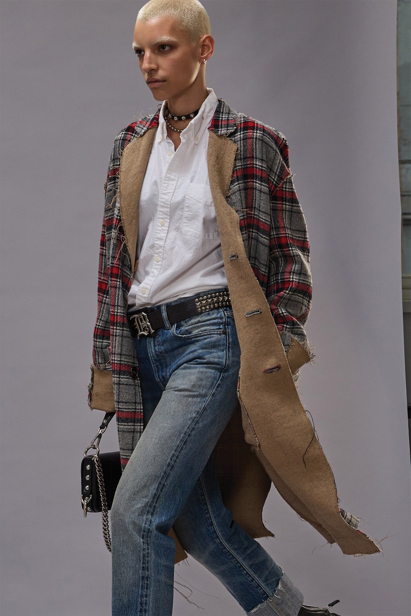 REVERSIBLE RAW CUT COAT - RED/GREY PLAID - R13