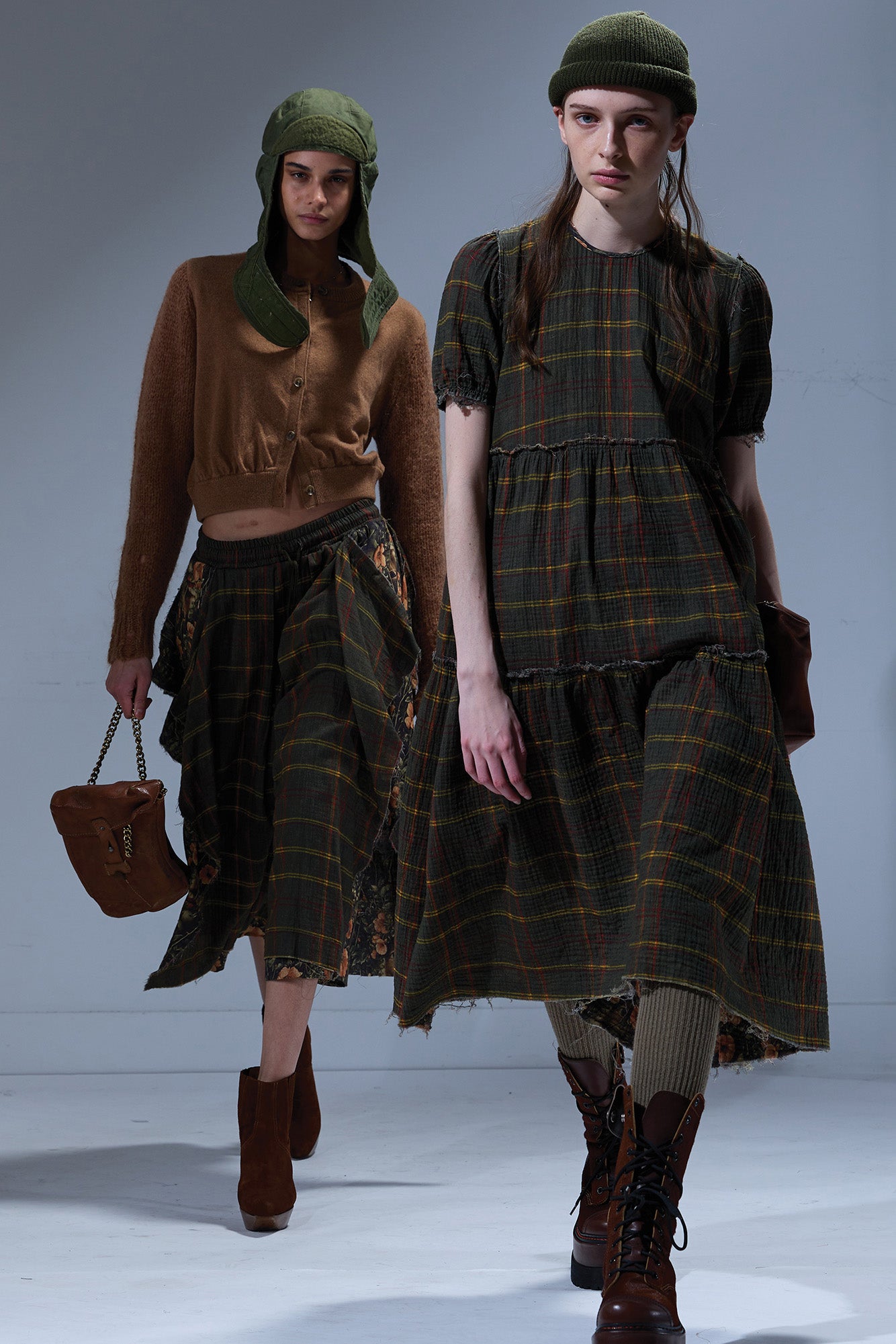 REVERSIBLE SHREDDED RELAXED MIDI - OLIVE PLAID WITH FLORAL CAMO GREEN