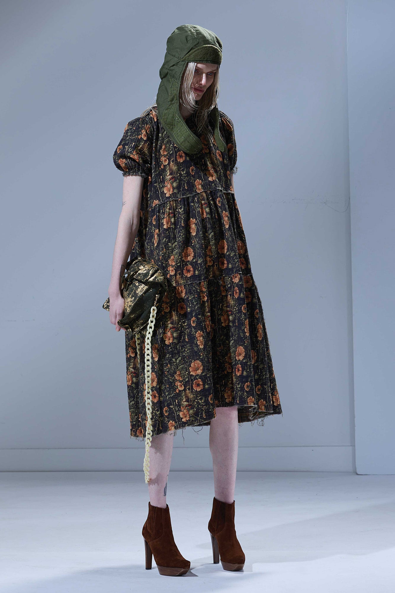 REVERSIBLE SHREDDED RELAXED MIDI - OLIVE PLAID WITH FLORAL CAMO GREEN - R13