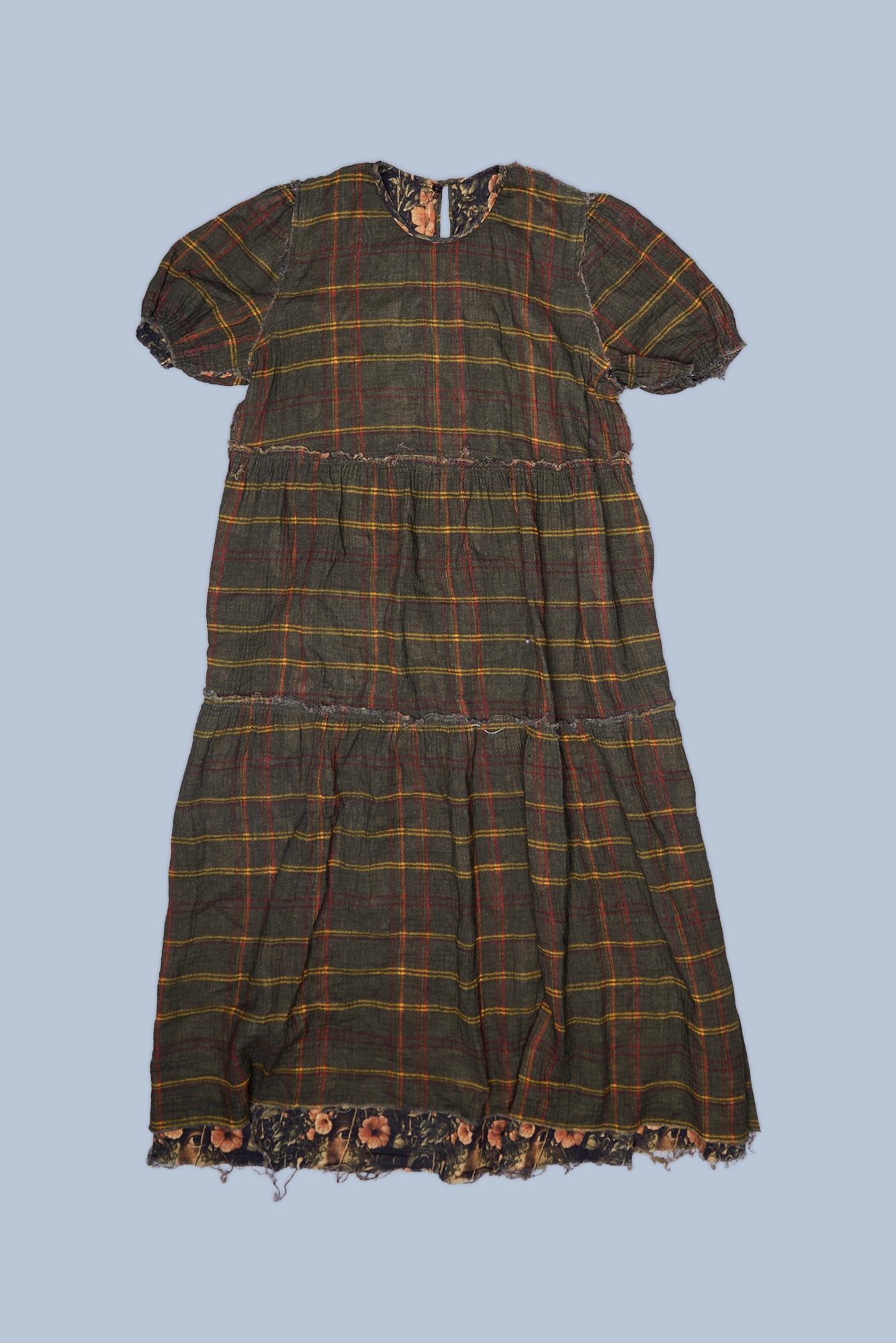 REVERSIBLE SHREDDED RELAXED MIDI - OLIVE PLAID WITH FLORAL CAMO GREEN - R13