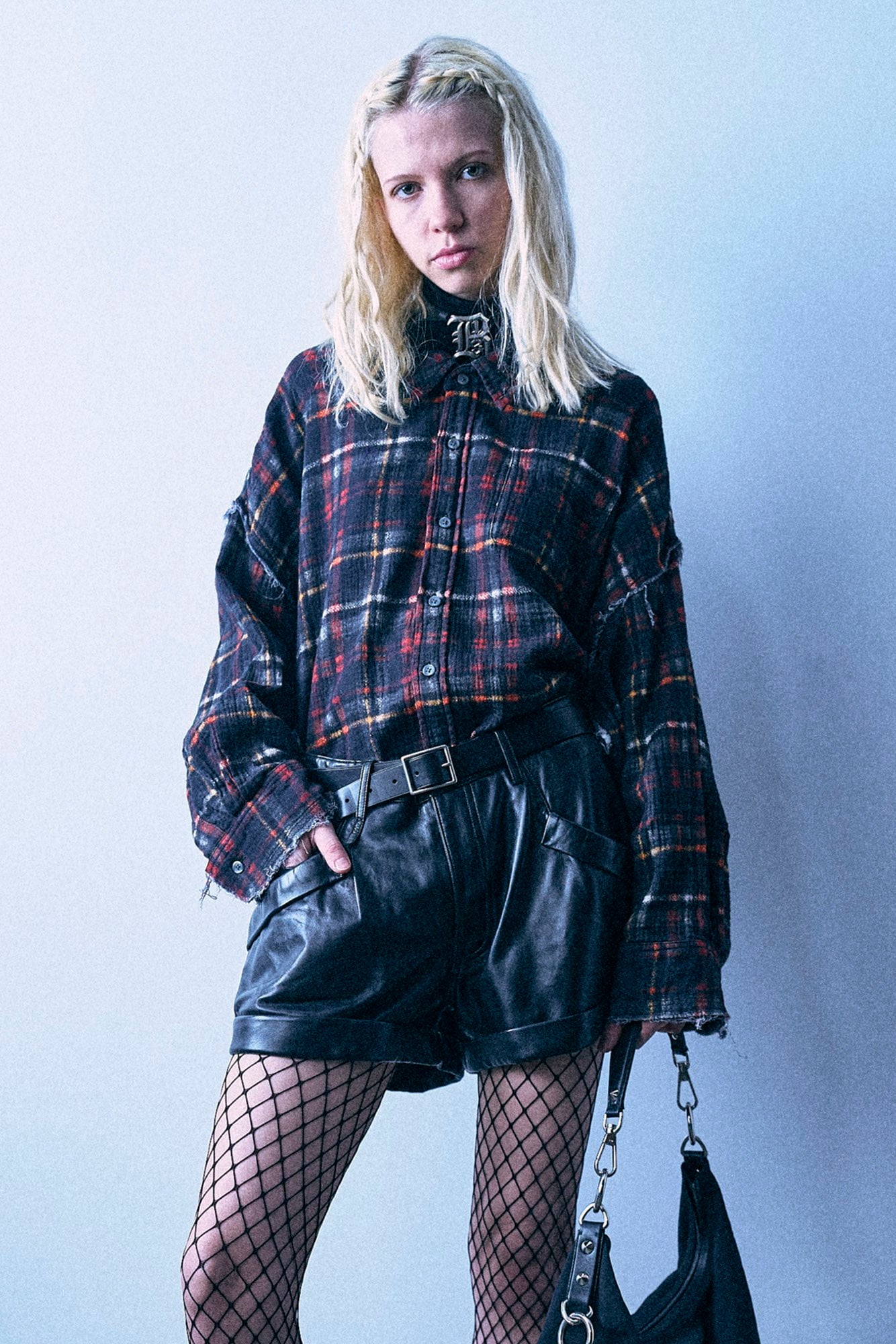 Reversible Shredded Seam Drop Neck Shirt - Black Butterflies With Plaid