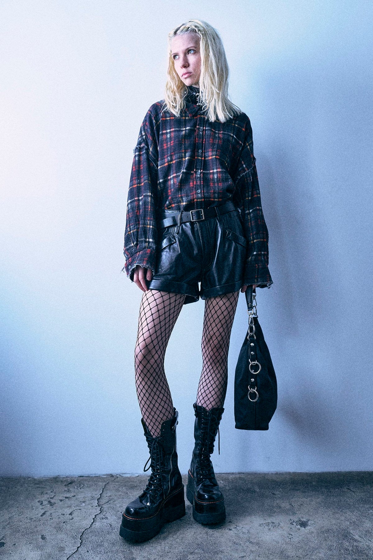 Reversible Shredded Seam Drop Neck Shirt - Black Butterflies With Plaid - R13