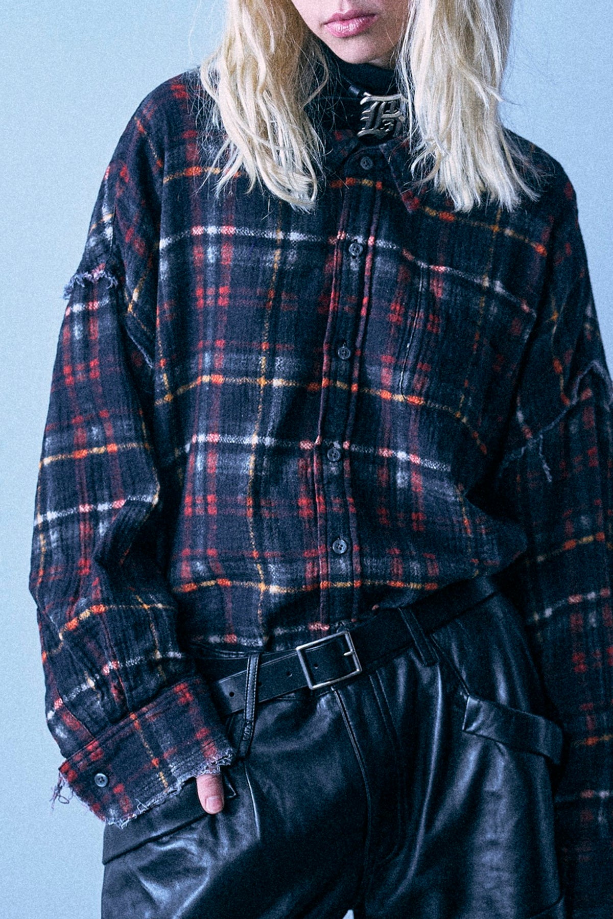 Reversible Shredded Seam Drop Neck Shirt - Black Butterflies With Plaid - R13