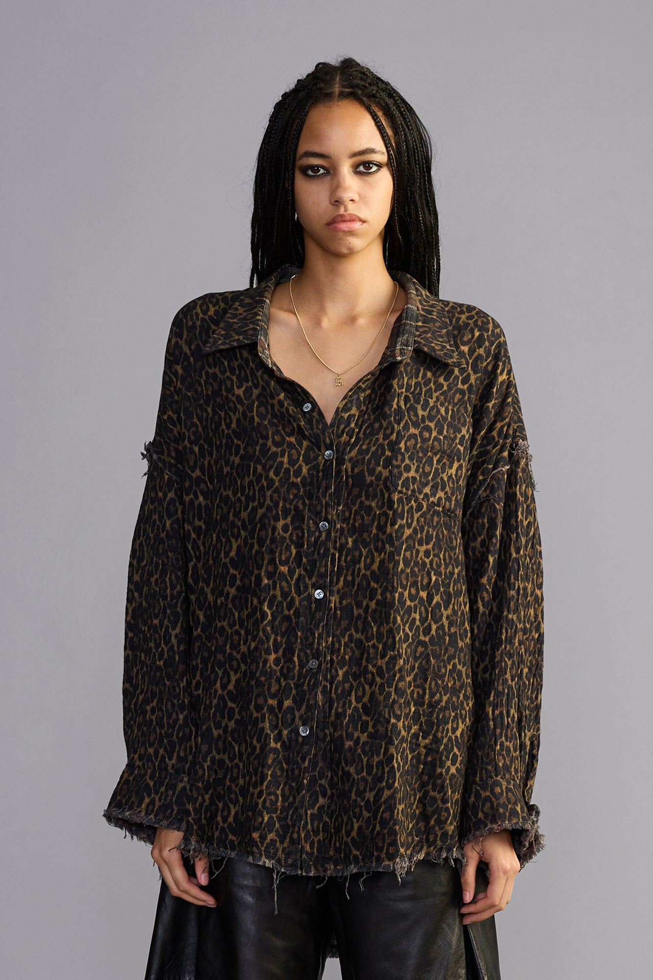Reversible Shredded Seam Drop Neck Shirt - Brown Plaid - R13