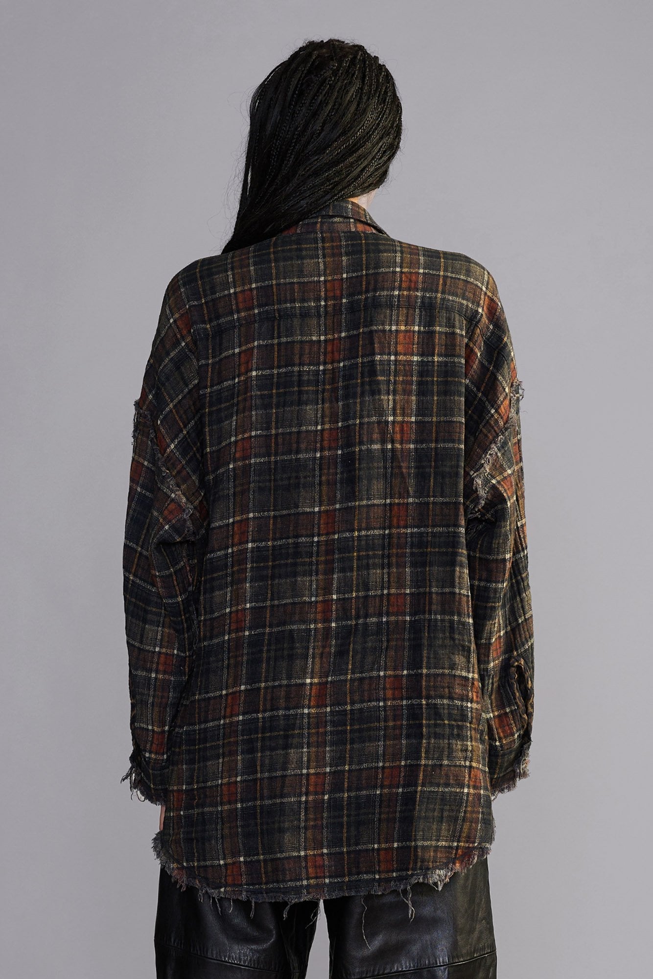 Reversible Shredded Seam Drop Neck Shirt - Brown Plaid - R13