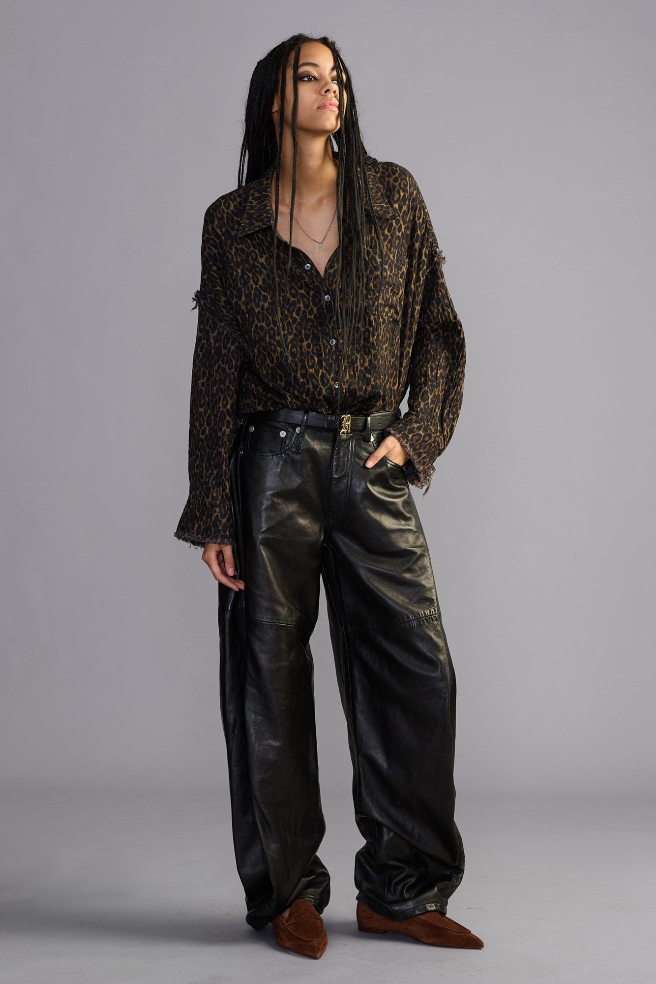 Reversible Shredded Seam Drop Neck Shirt - Brown Plaid - R13