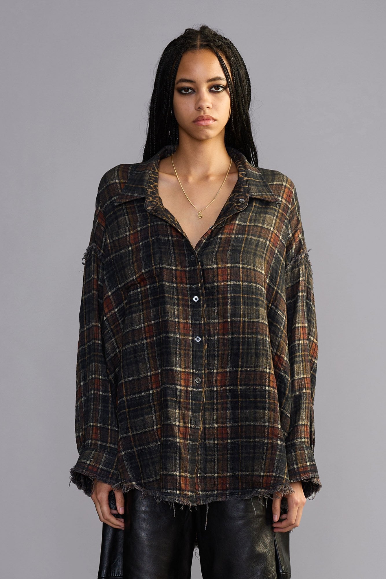 Reversible Shredded Seam Drop Neck Shirt - Brown Plaid - R13