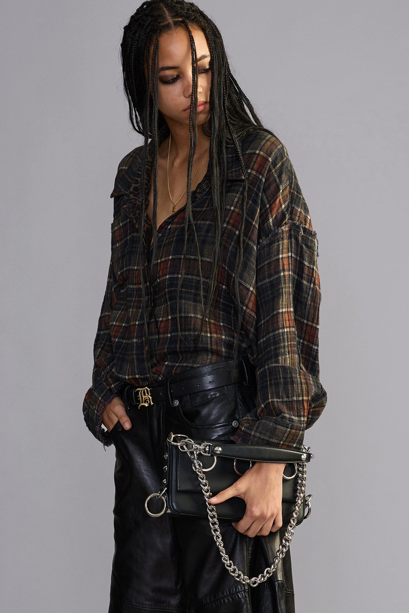 Reversible Shredded Seam Drop Neck Shirt - Brown Plaid - R13