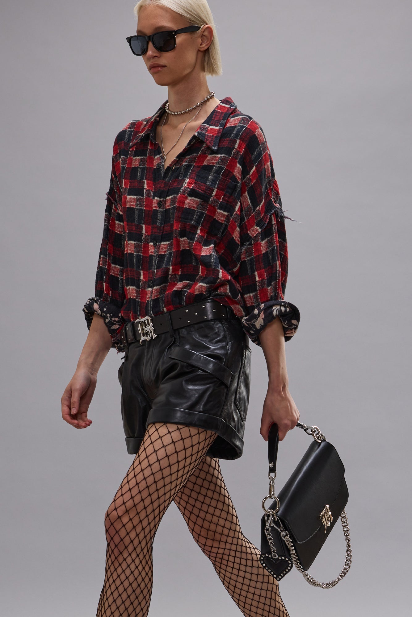 REVERSIBLE SHREDDED SEAM DROP NECK SHIRT - RED BLACK PLAID W CREAM FLORAL ON BLACK - R13