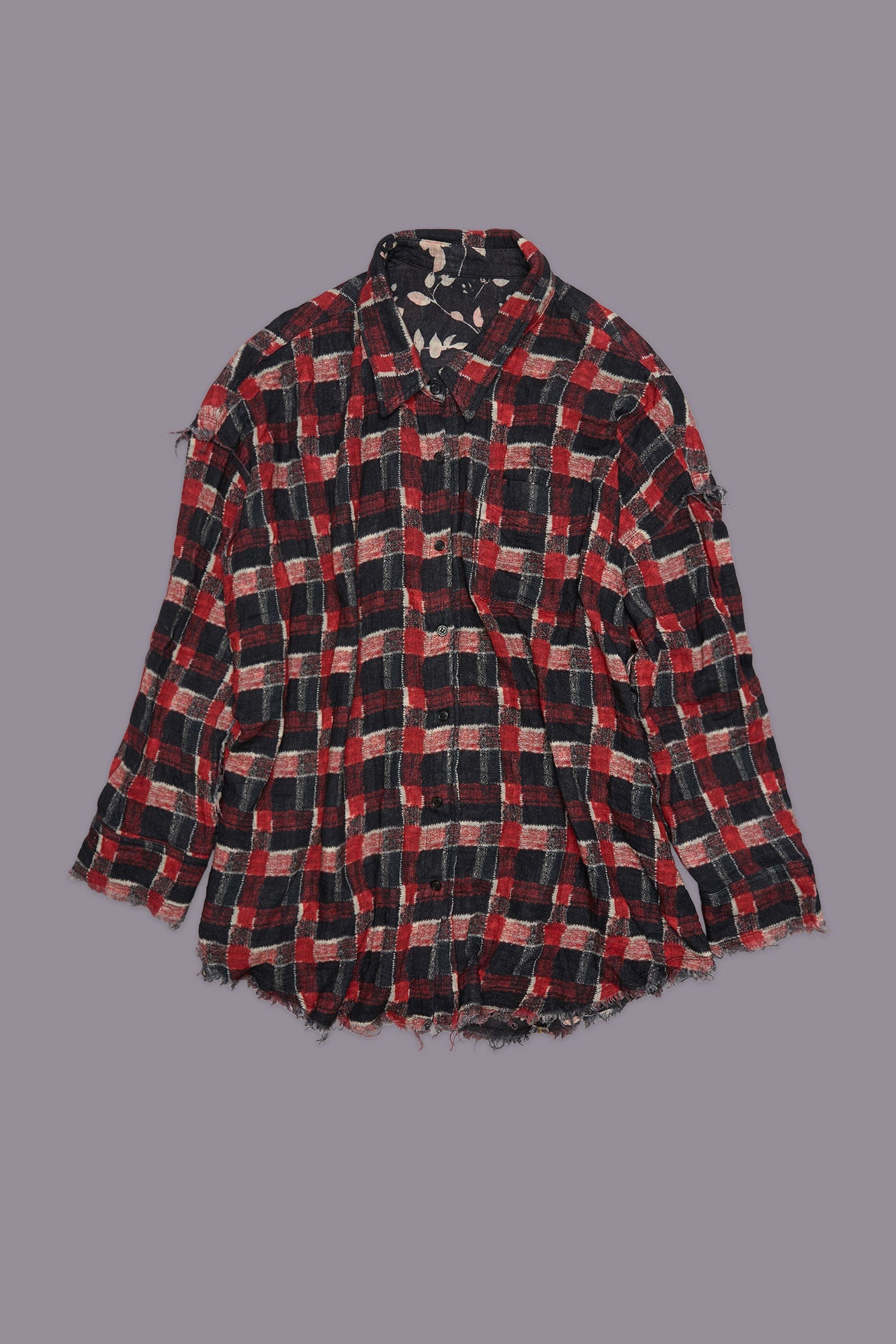 REVERSIBLE SHREDDED SEAM DROP NECK SHIRT - RED BLACK PLAID W CREAM FLORAL ON BLACK - R13