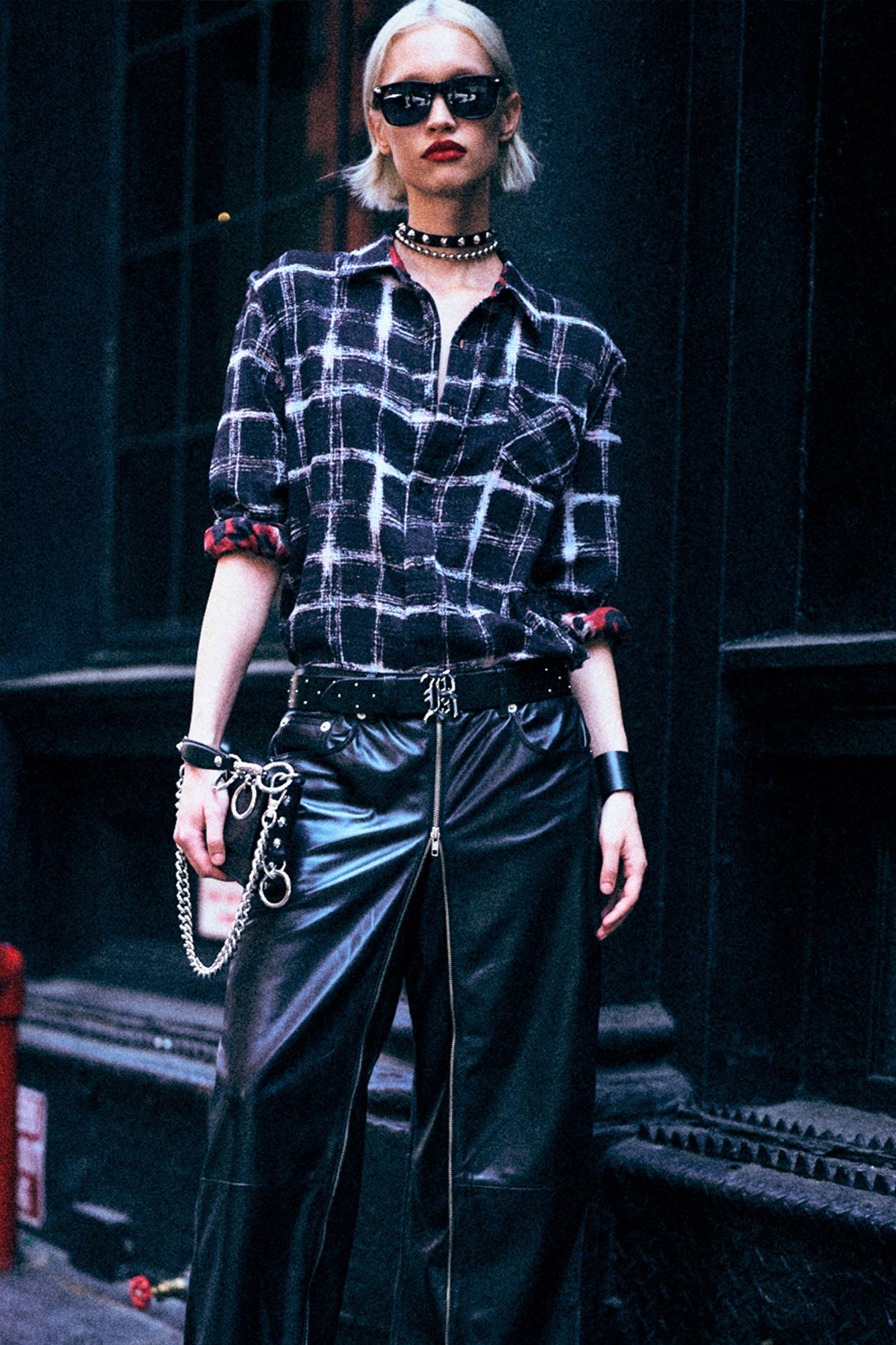 REVERSIBLE SHREDDED SEAM SHIRT - BLACK ECRU PLAID WITH RED LEOPARD