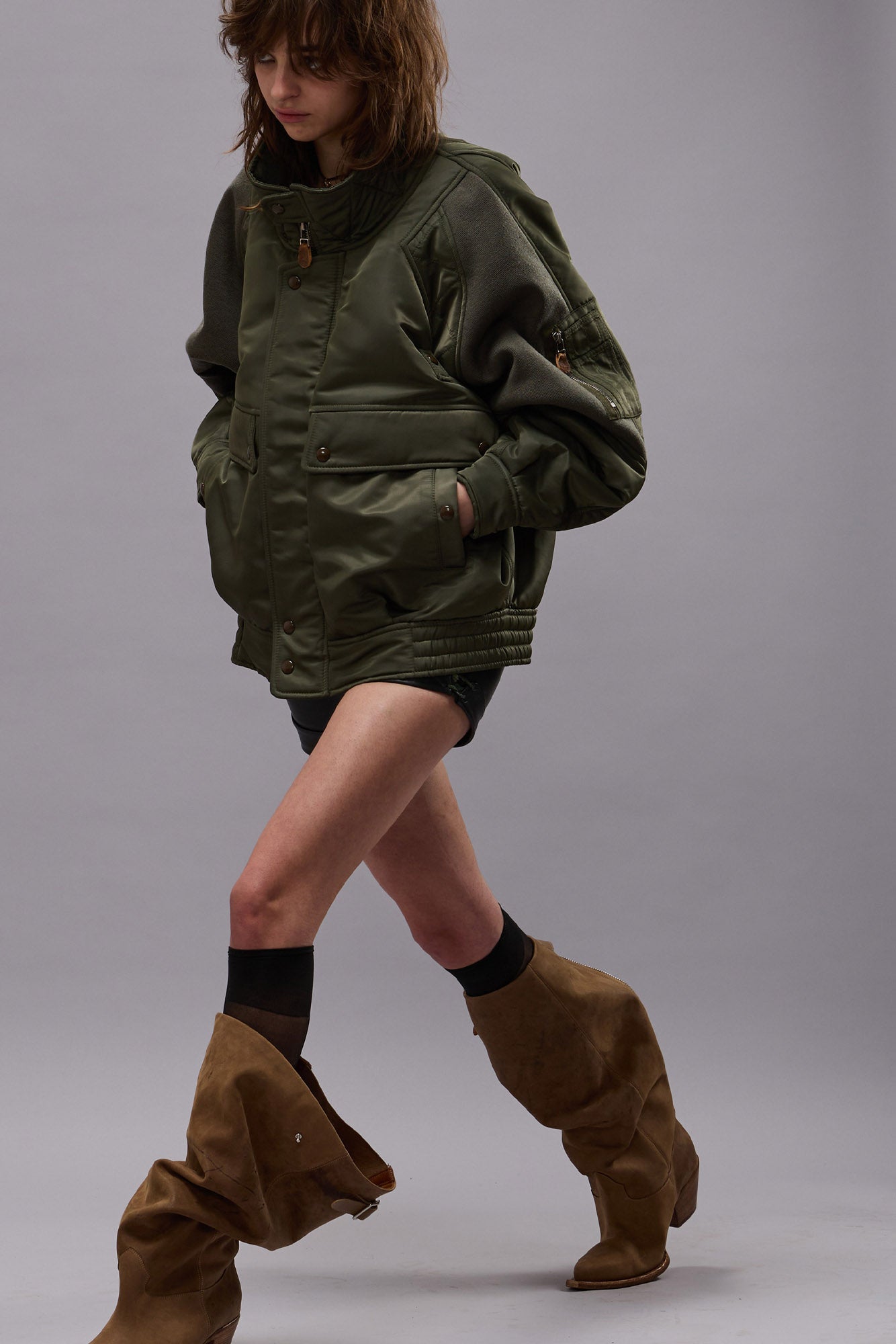 RIBBED FLIGHT BOMBER JACKET - OLIVE - R13