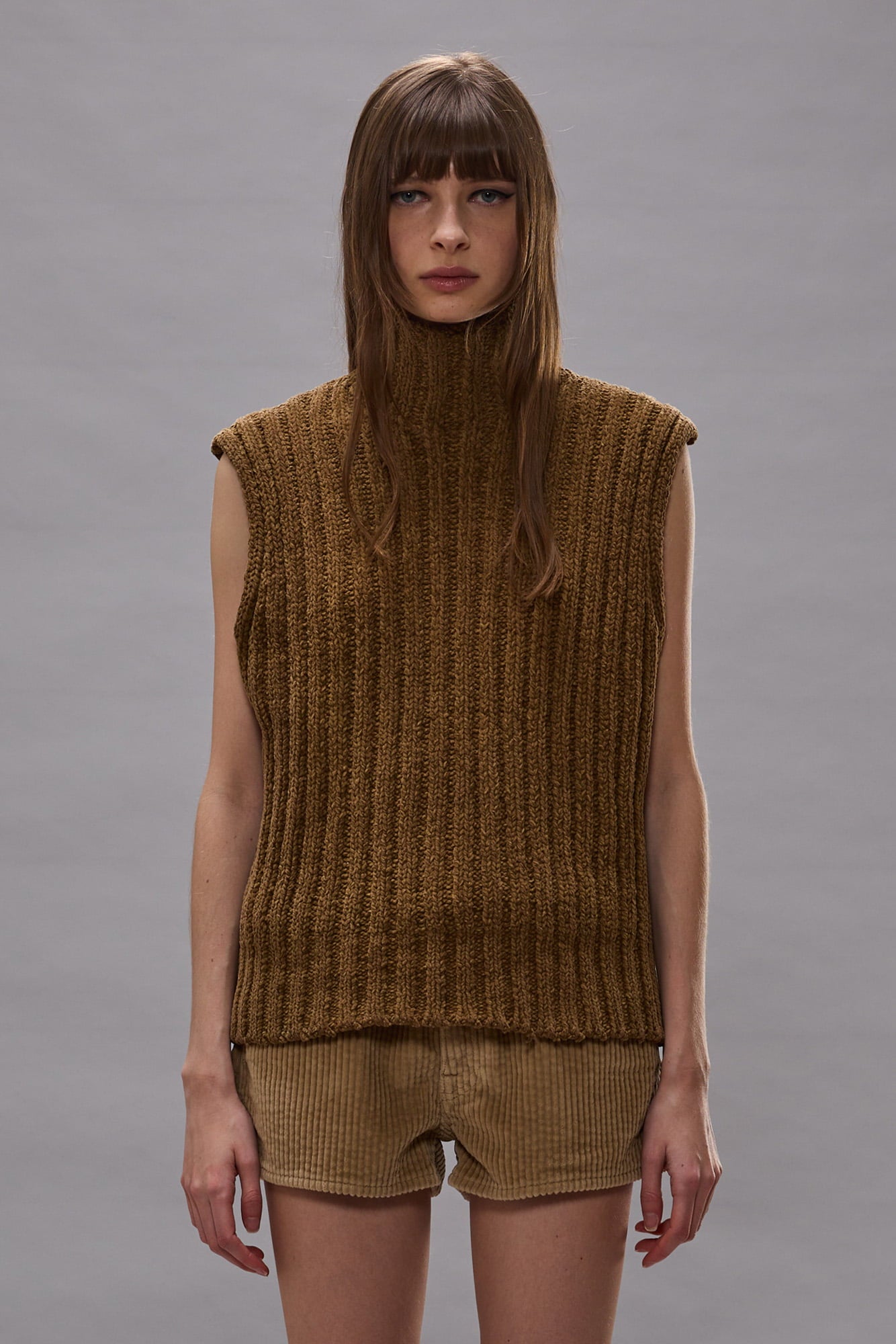 Ribbed Sleeveless Turtleneck - Dark Khaki - R13