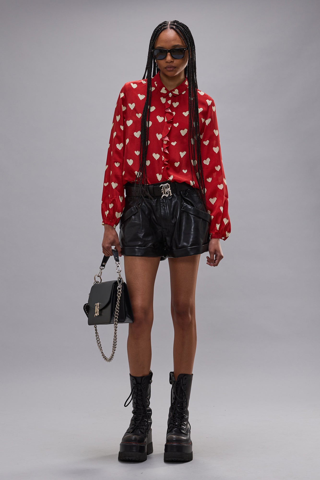 RUFFLE BLOUSE - CREAM HEARTS ON RED - R13