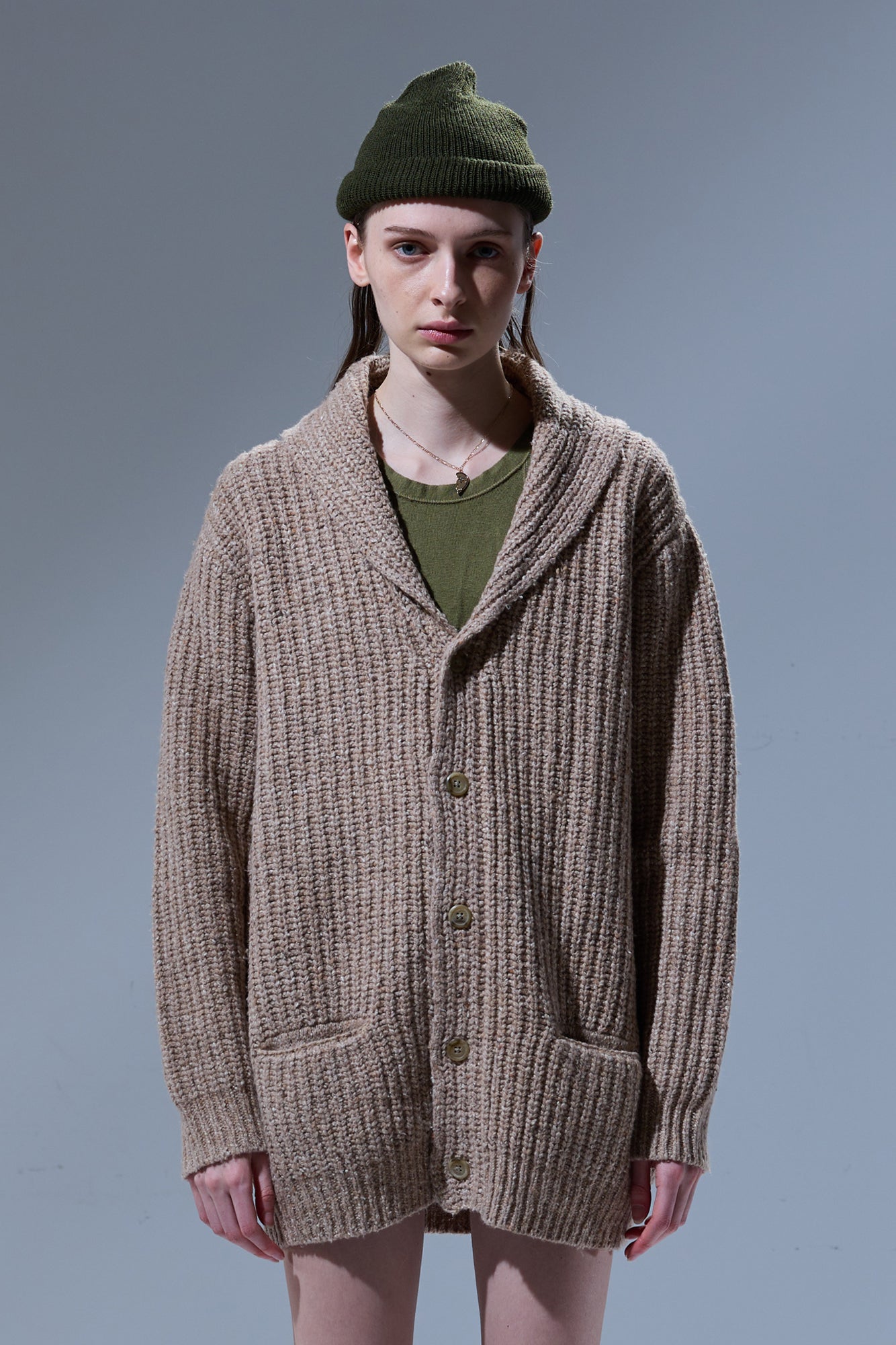 SHAWL COLLAR ELONGATED CARDIGAN - TAN TWEED BROWN - R13