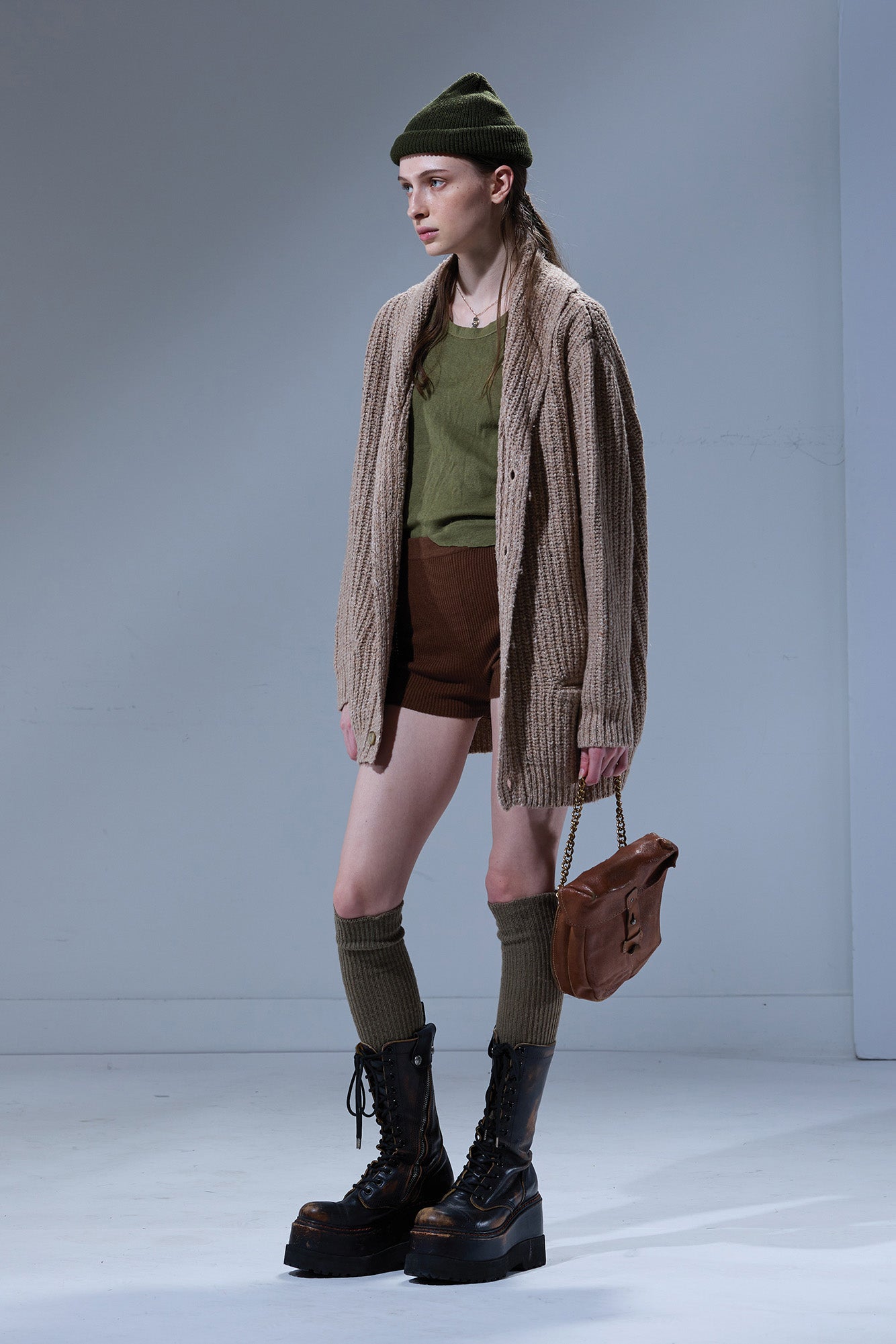 SHAWL COLLAR ELONGATED CARDIGAN - TAN TWEED BROWN