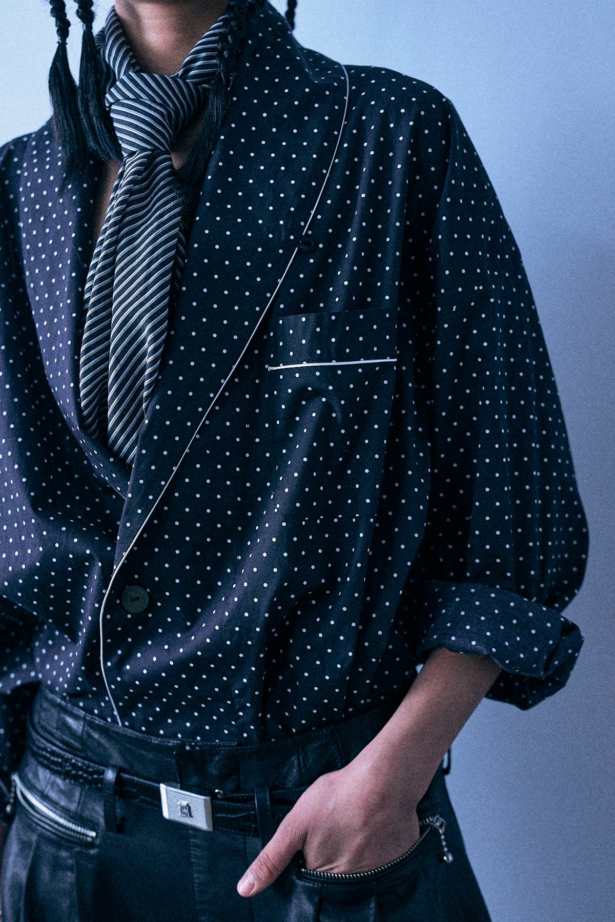Shawl Lapel Shirt - Black And White Polka Dot - R13